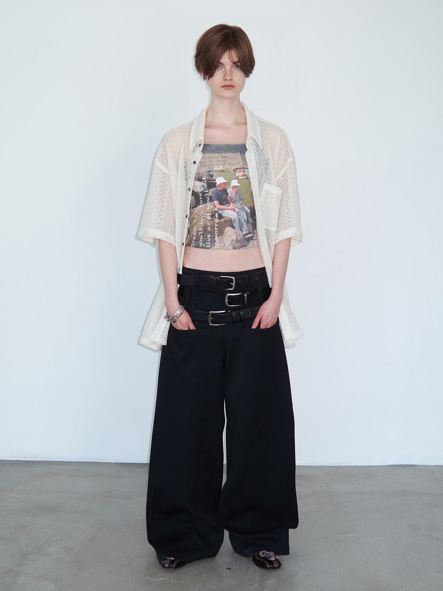 Delivery Crochet Knit Short Sleeve Shirt In Beige