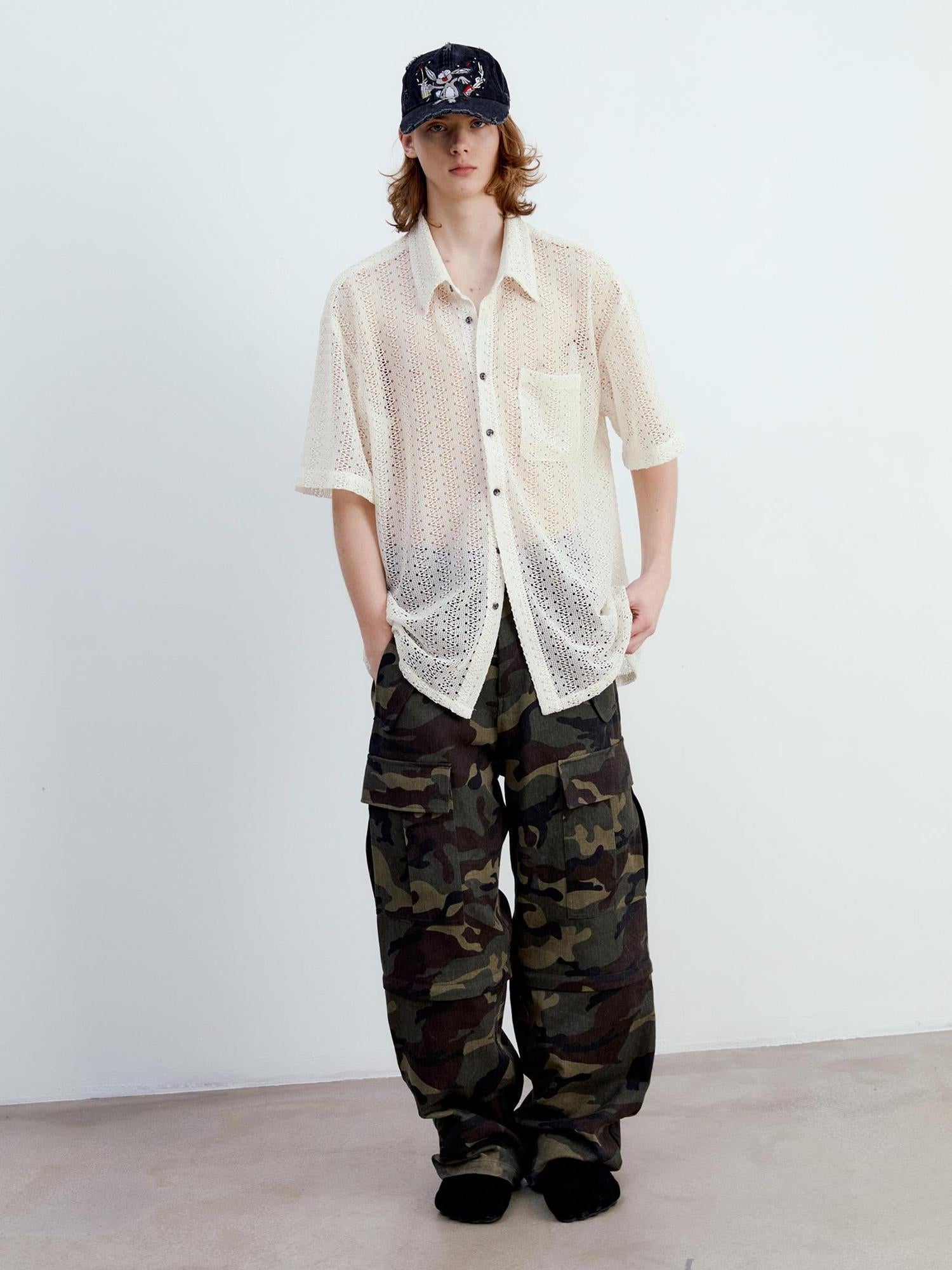 Delivery Crochet Knit Short Sleeve Shirt In Beige