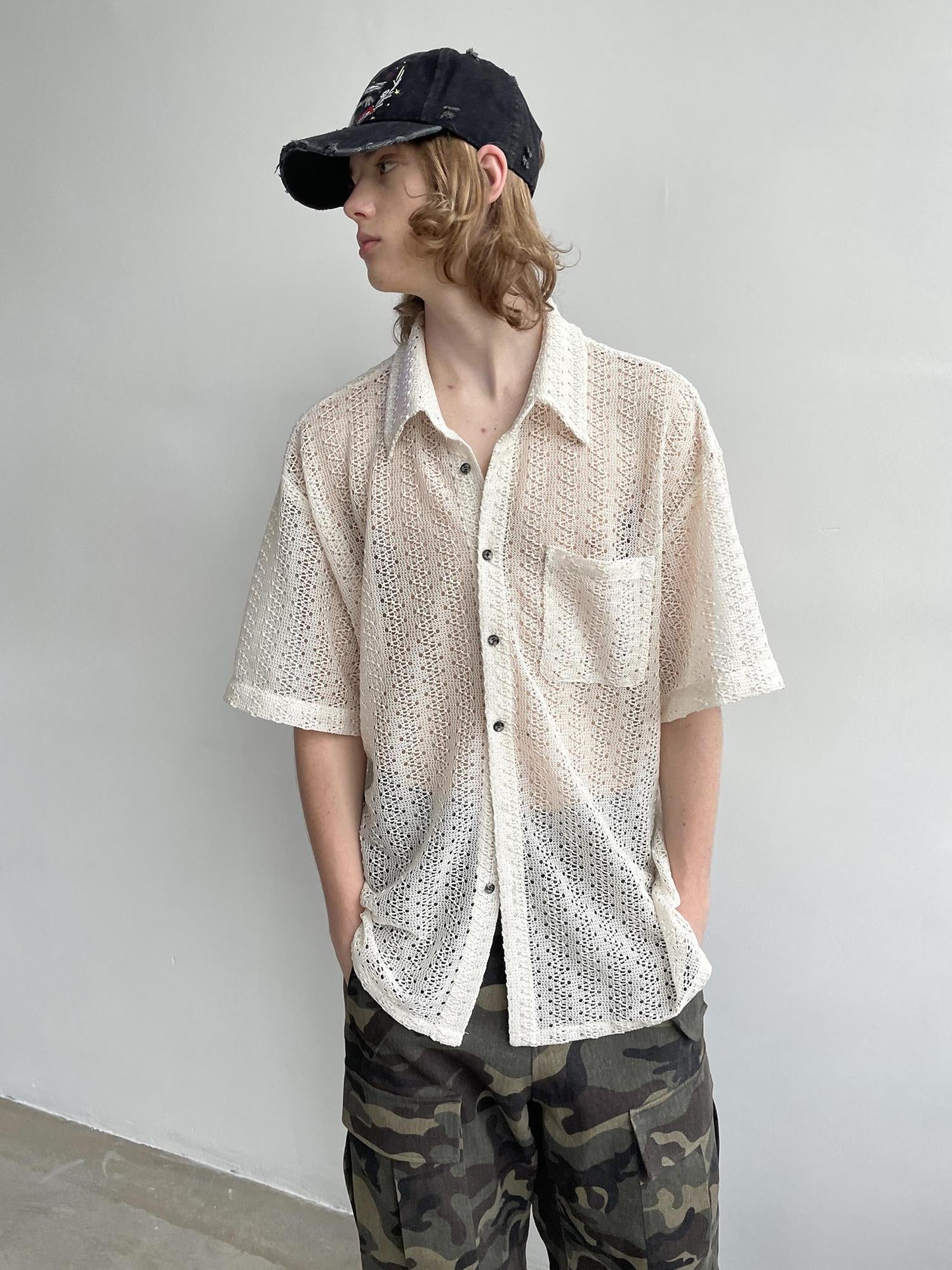Delivery Crochet Knit Short Sleeve Shirt In Beige