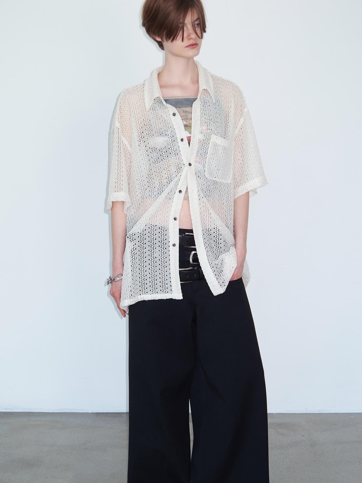 Delivery Crochet Knit Short Sleeve Shirt In Beige