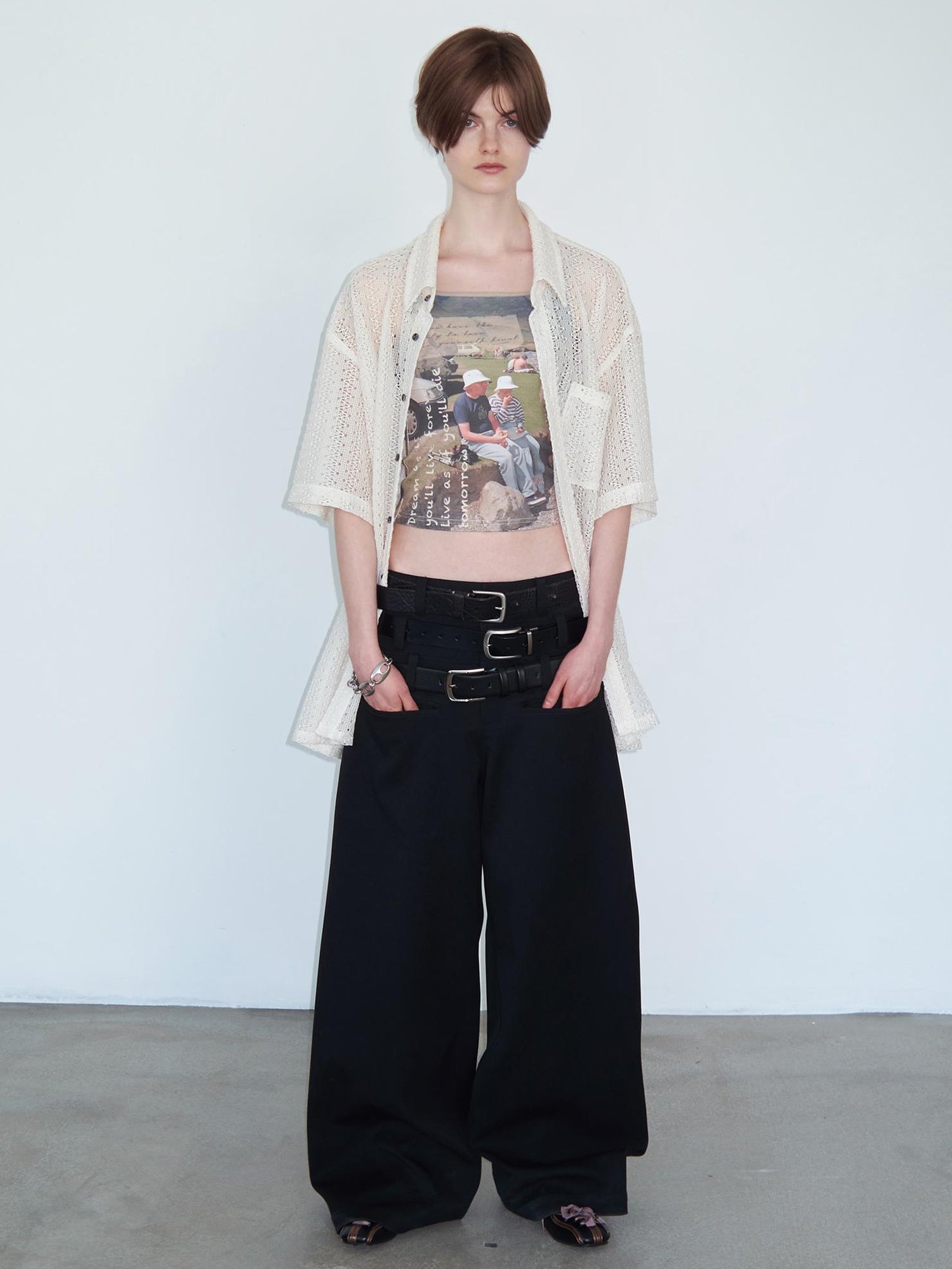 Delivery Crochet Knit Short Sleeve Shirt In Beige