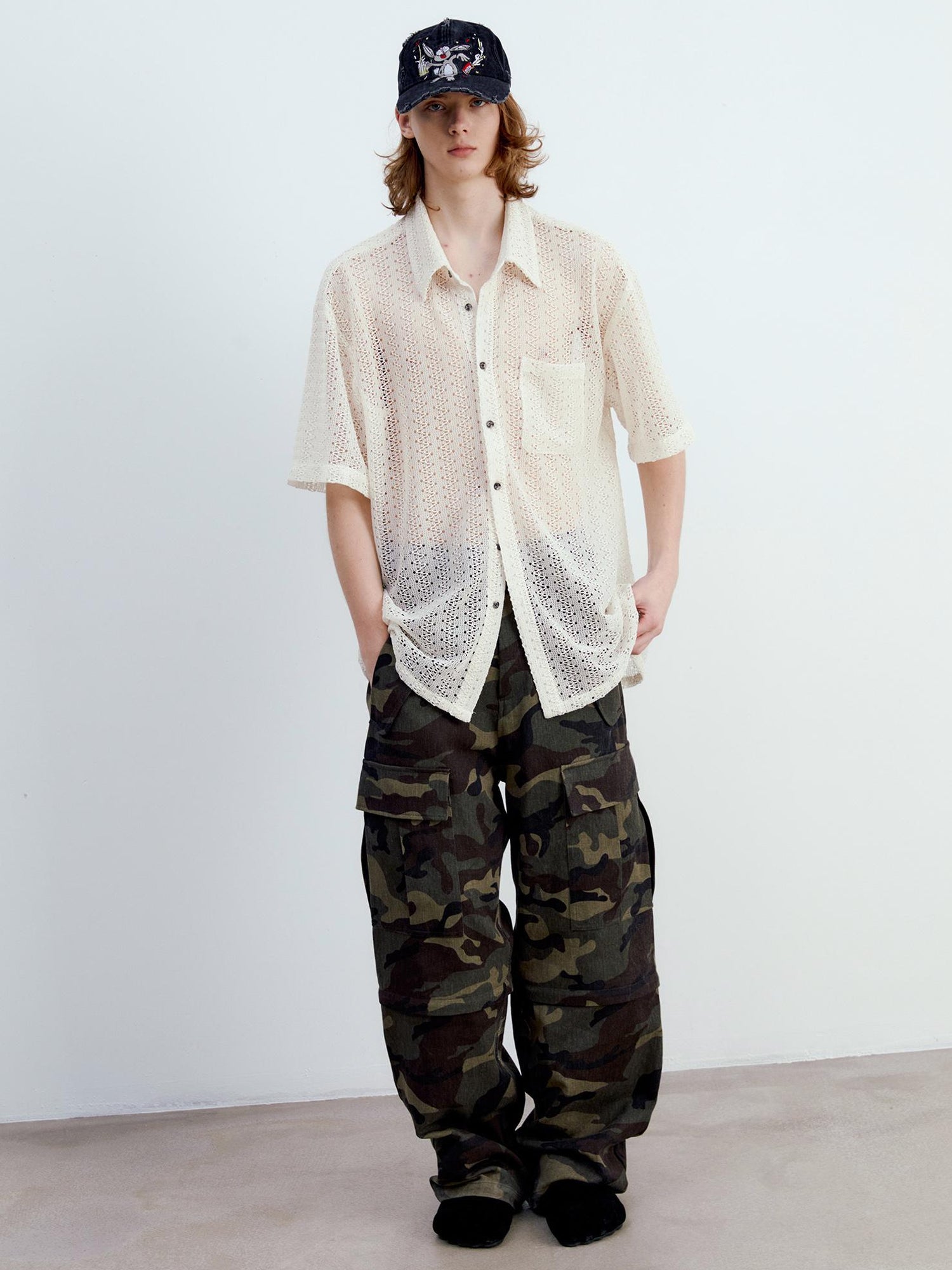 Delivery Crochet Knit Short Sleeve Shirt In Beige