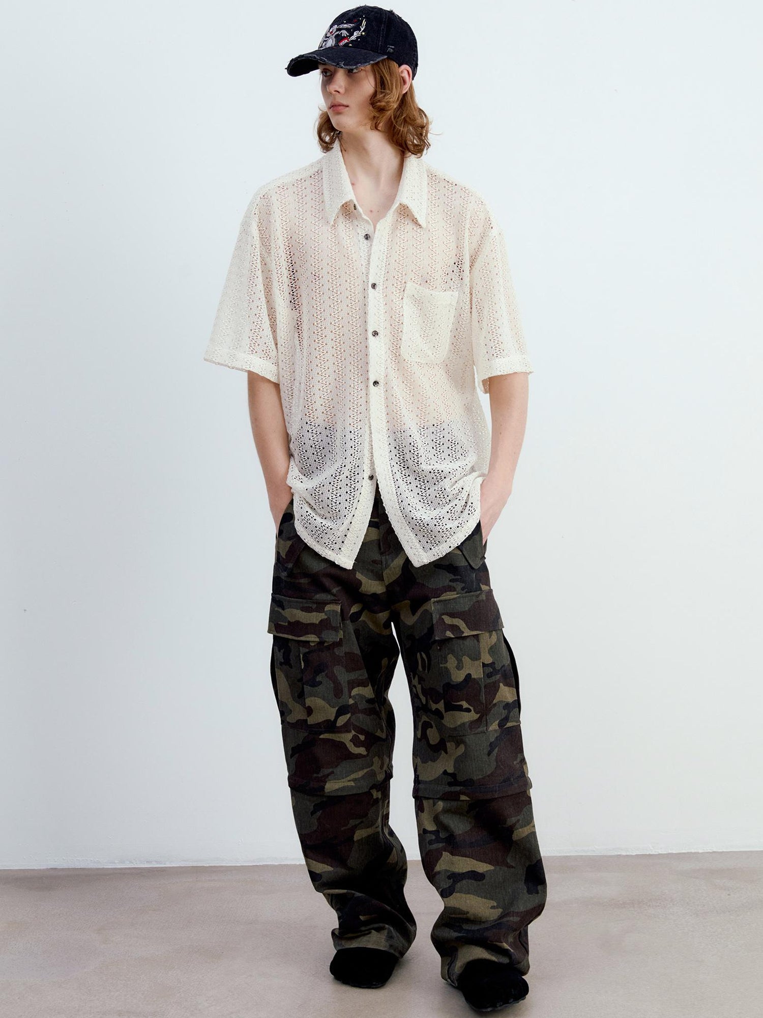 Delivery Crochet Knit Short Sleeve Shirt In Beige