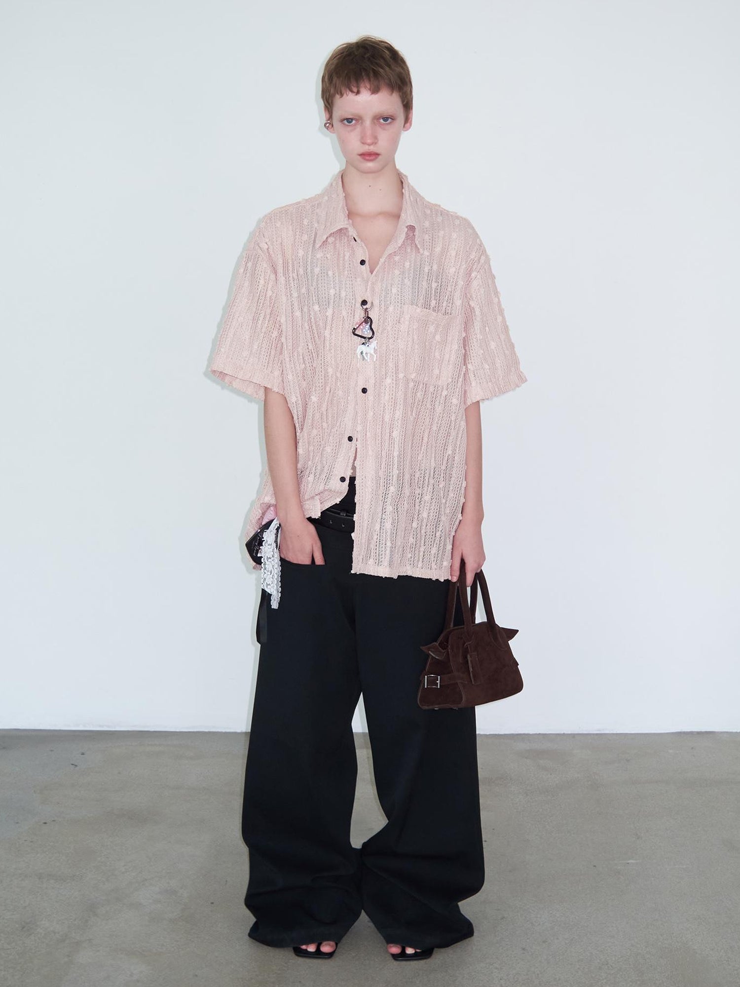 Delivery Crochet Lace Short Sleeve Shirt With Beaded Charm