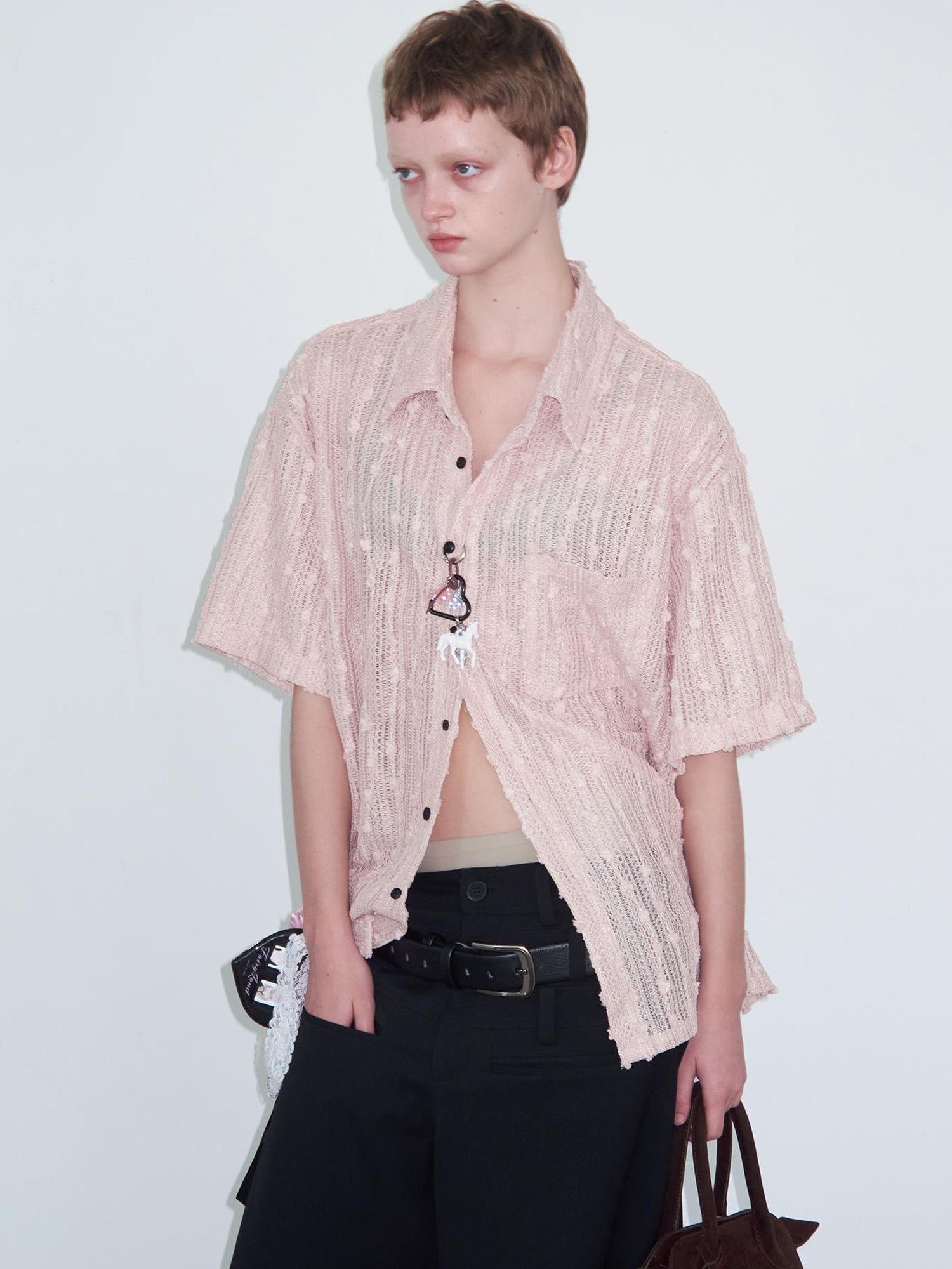 Delivery Crochet Lace Short Sleeve Shirt With Beaded Charm