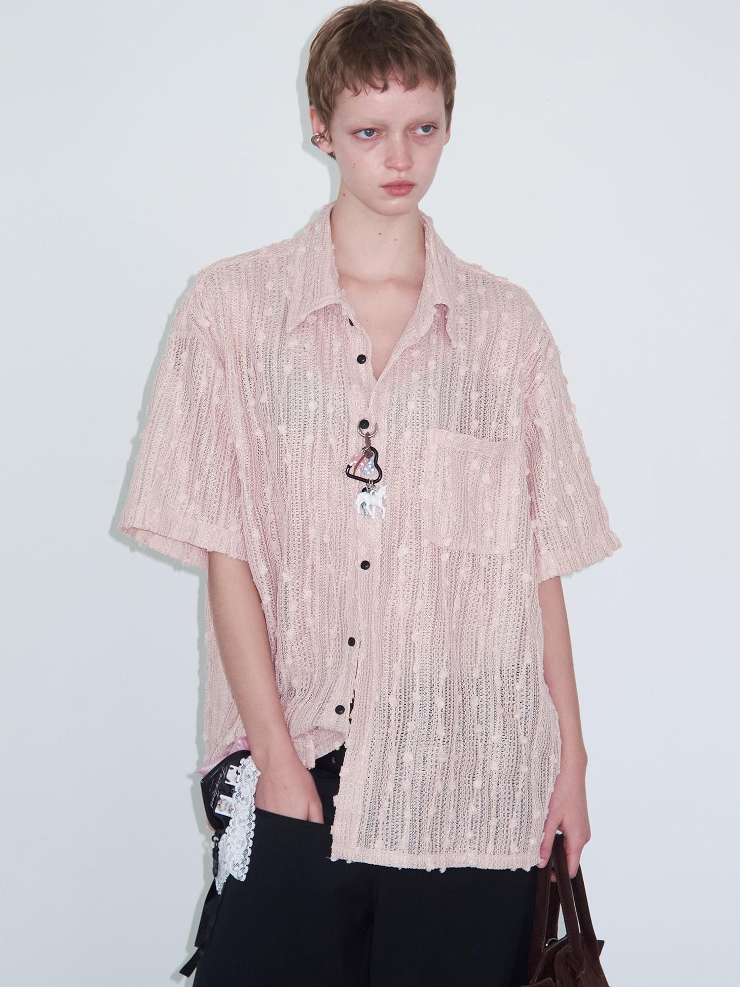 Delivery Crochet Lace Short Sleeve Shirt With Beaded Charm