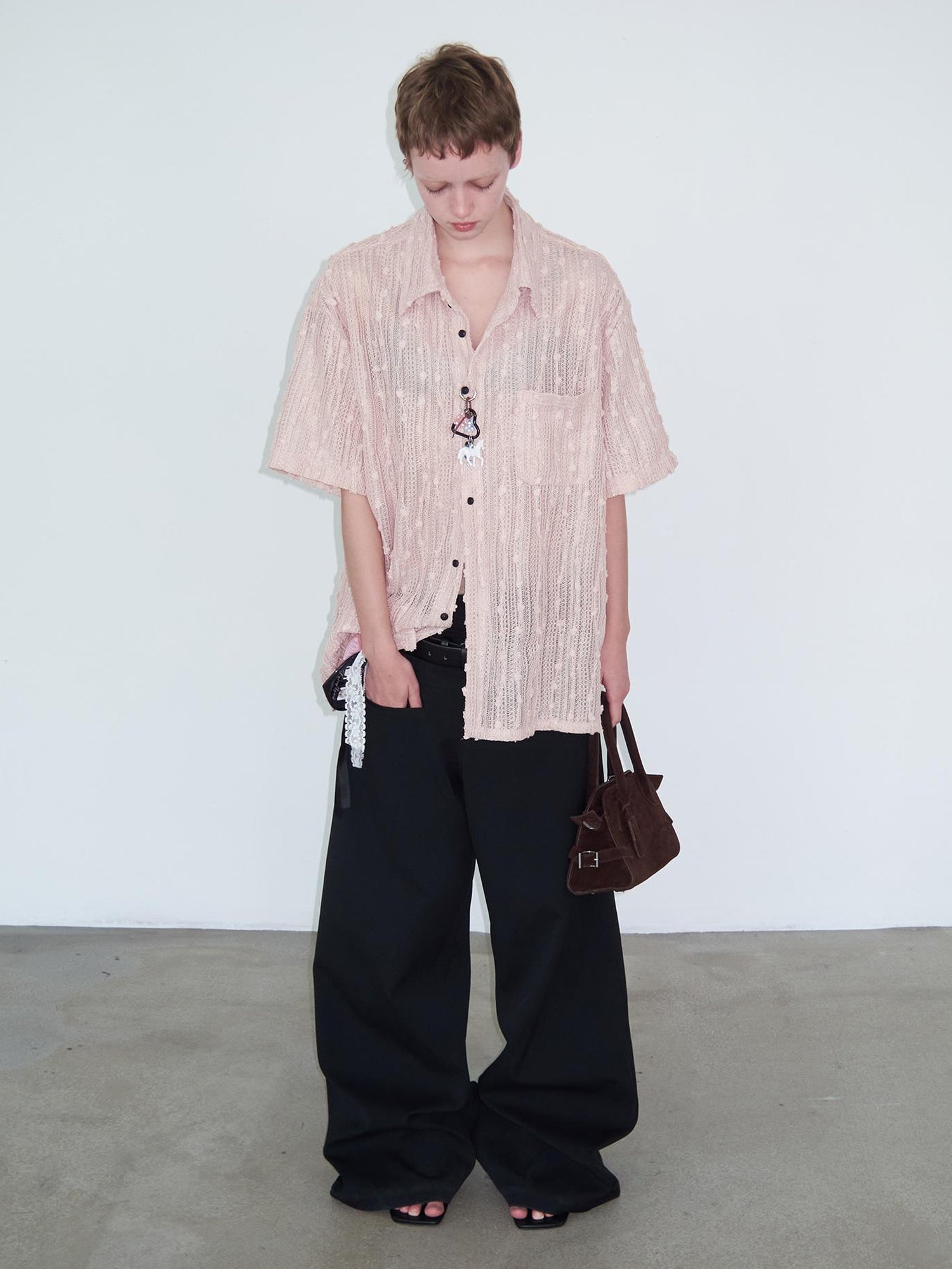 Delivery Crochet Lace Short Sleeve Shirt With Beaded Charm