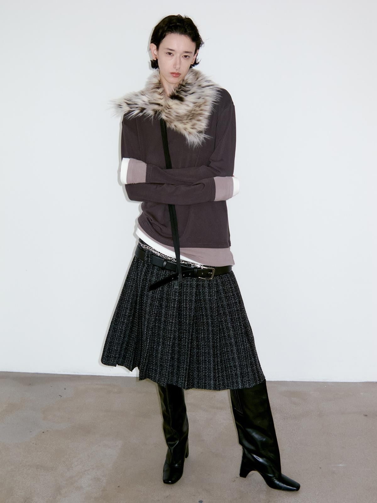 Delivery Dark Gray Black Woven Wool Tweed Pleated Low Waist A Line Women&