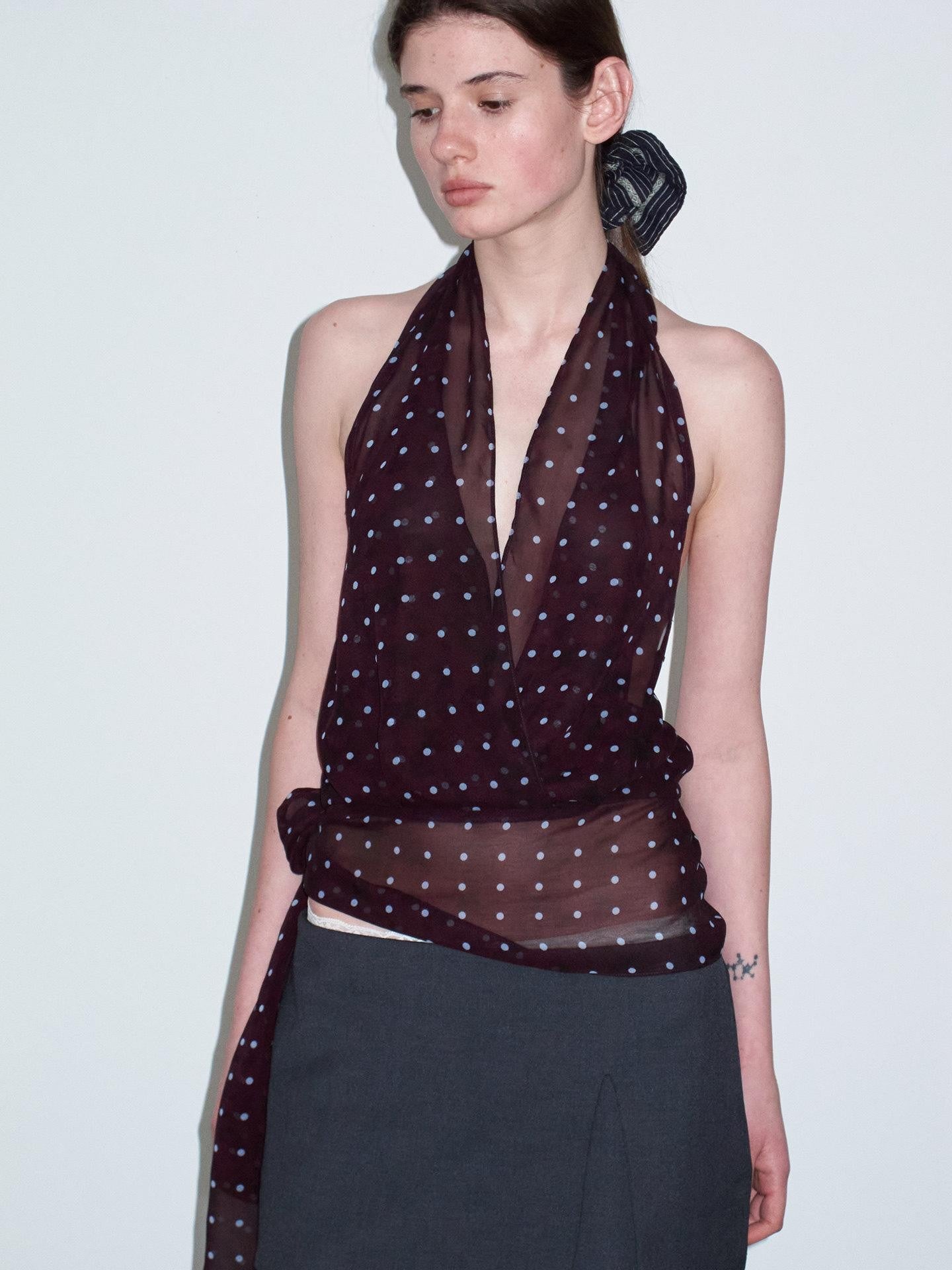 Delivery Dark Purple Polka Dot V-neck Sheer Tie Crop Women&