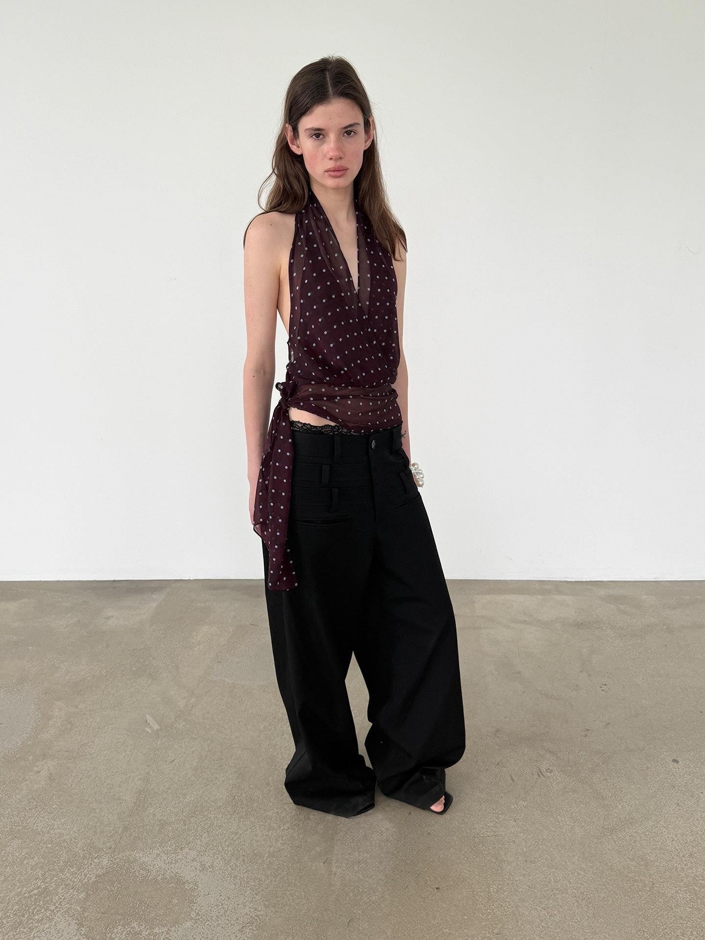 Delivery Dark Purple Polka Dot V-neck Sheer Tie Crop Women&