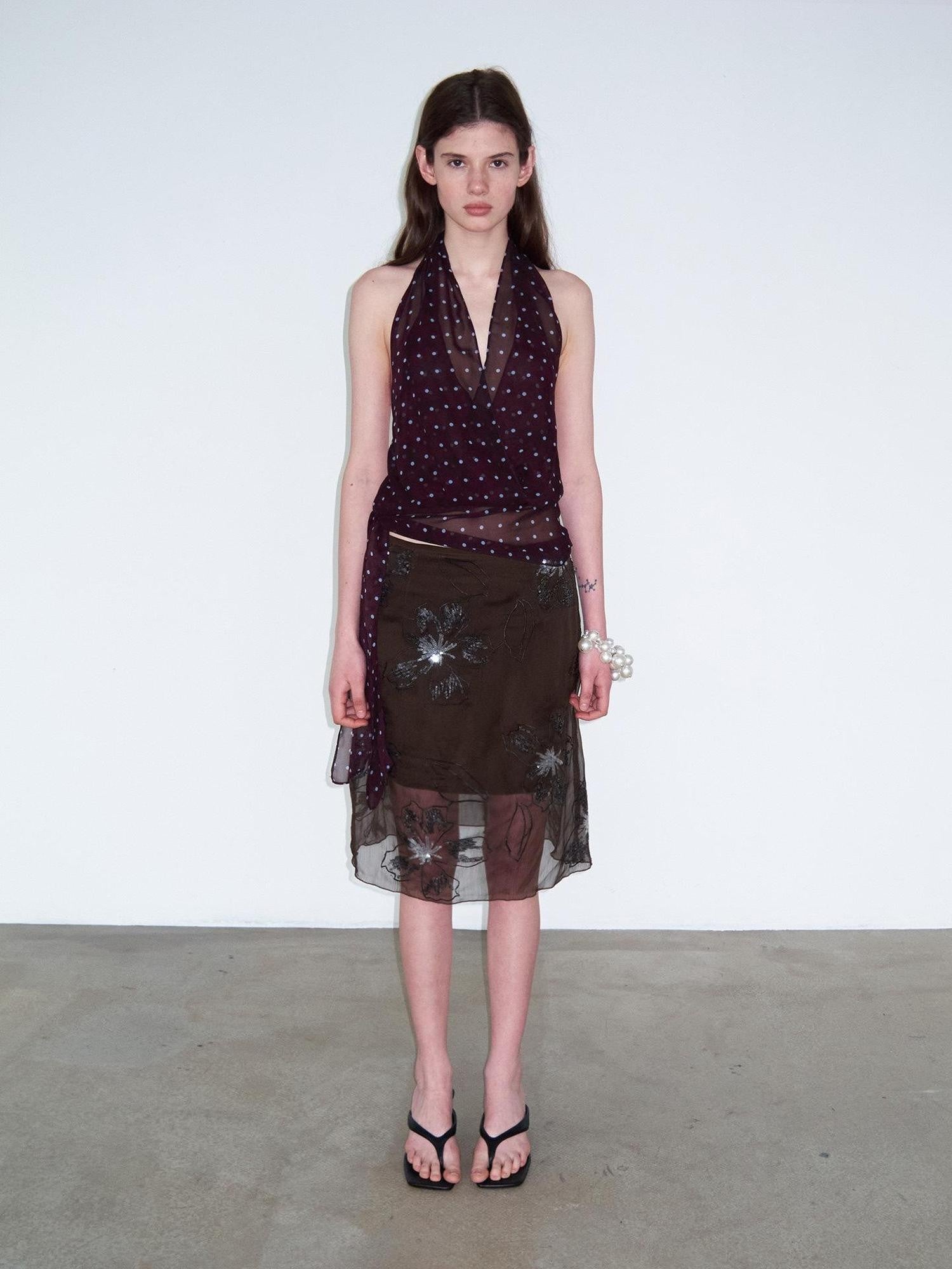 Delivery Dark Purple Polka Dot V-neck Sheer Tie Crop Women&