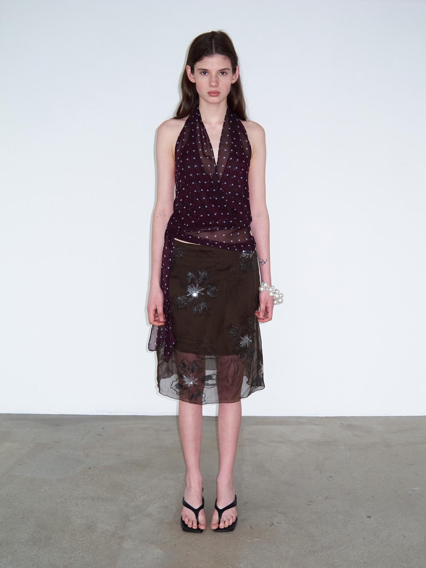 Delivery Dark Purple Polka Dot V-neck Sheer Tie Crop Women&