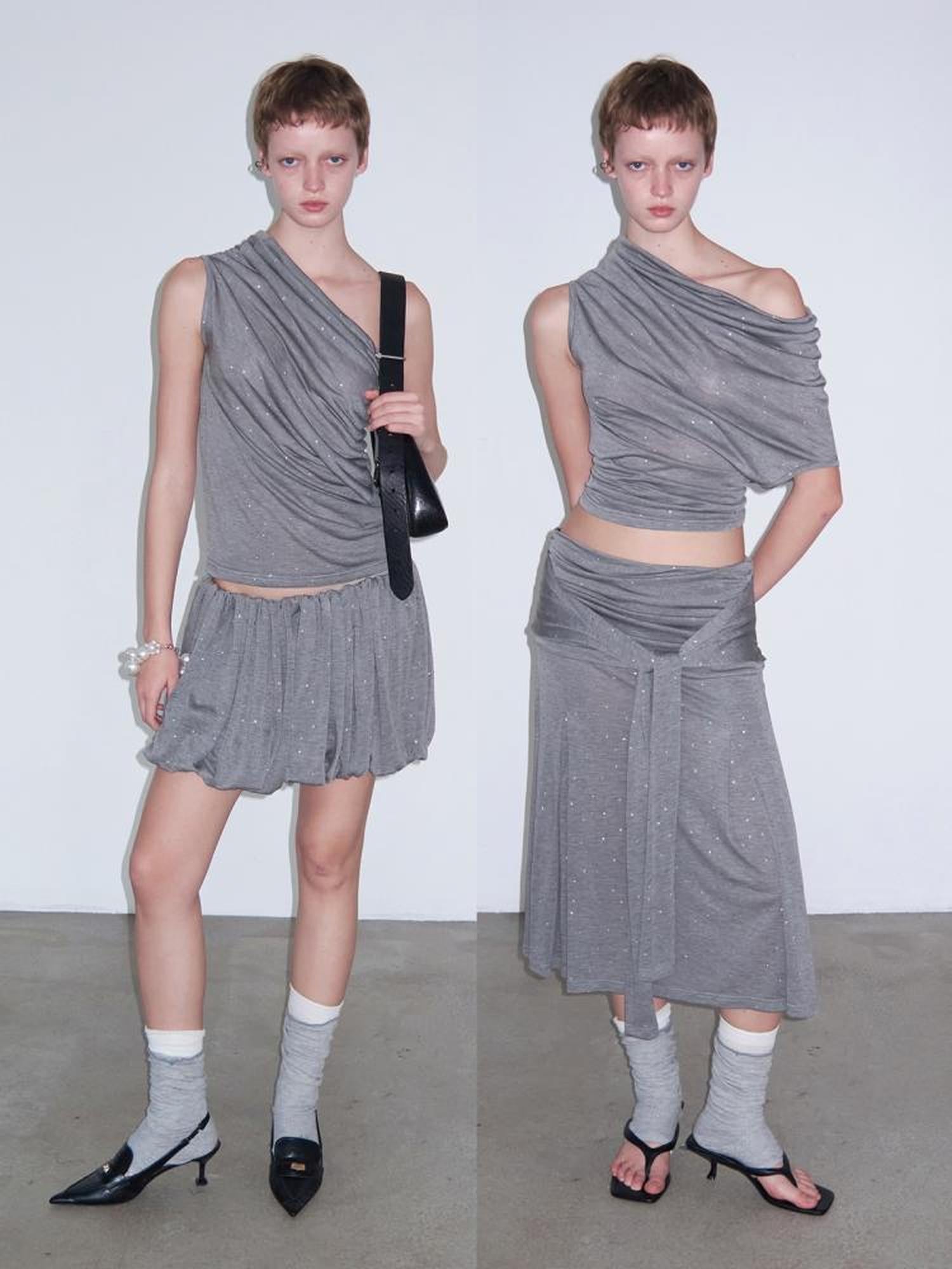 Delivery Delivery Gray Crystal Foil Print Layered Lyocell Top With Floral Mini Skirt And Tie Wrap Midi Dress