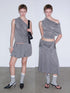 Delivery Delivery Gray Crystal Foil Print Layered Lyocell Top With Floral Mini Skirt And Tie Wrap Midi Dress
