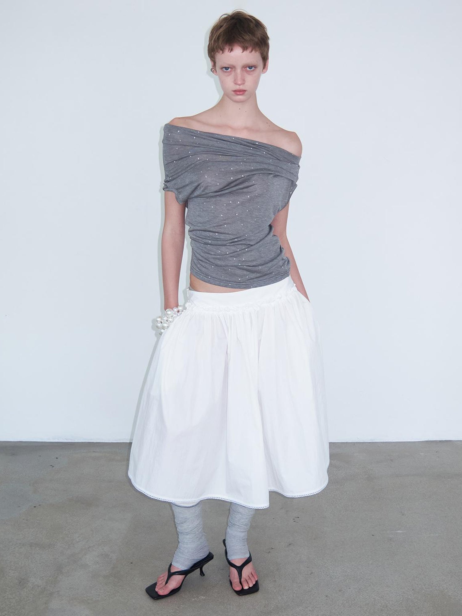 Delivery Delivery Gray Crystal Foil Print Layered Lyocell Top With Floral Mini Skirt And Tie Wrap Midi Dress