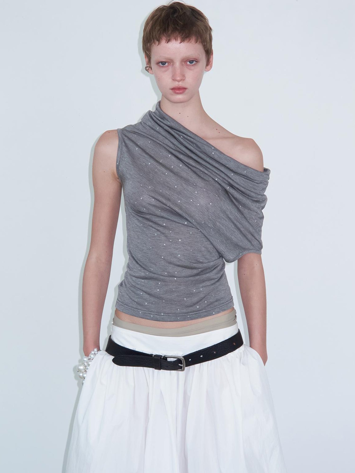 Delivery Delivery Gray Crystal Foil Print Layered Lyocell Top With Floral Mini Skirt And Tie Wrap Midi Dress