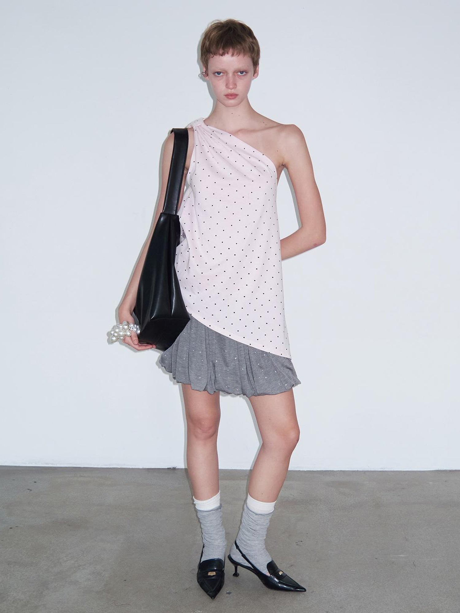 Delivery Delivery Gray Crystal Foil Print Layered Lyocell Top With Floral Mini Skirt And Tie Wrap Midi Dress