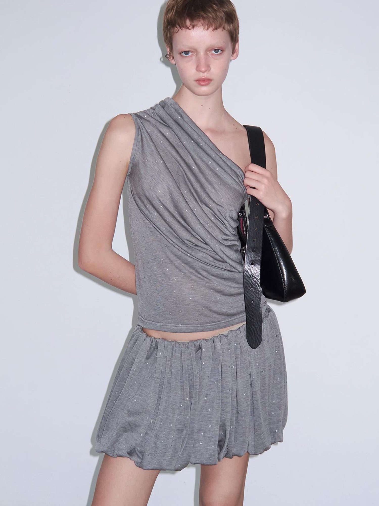 Delivery Delivery Gray Crystal Foil Print Layered Lyocell Top With Floral Mini Skirt And Tie Wrap Midi Dress