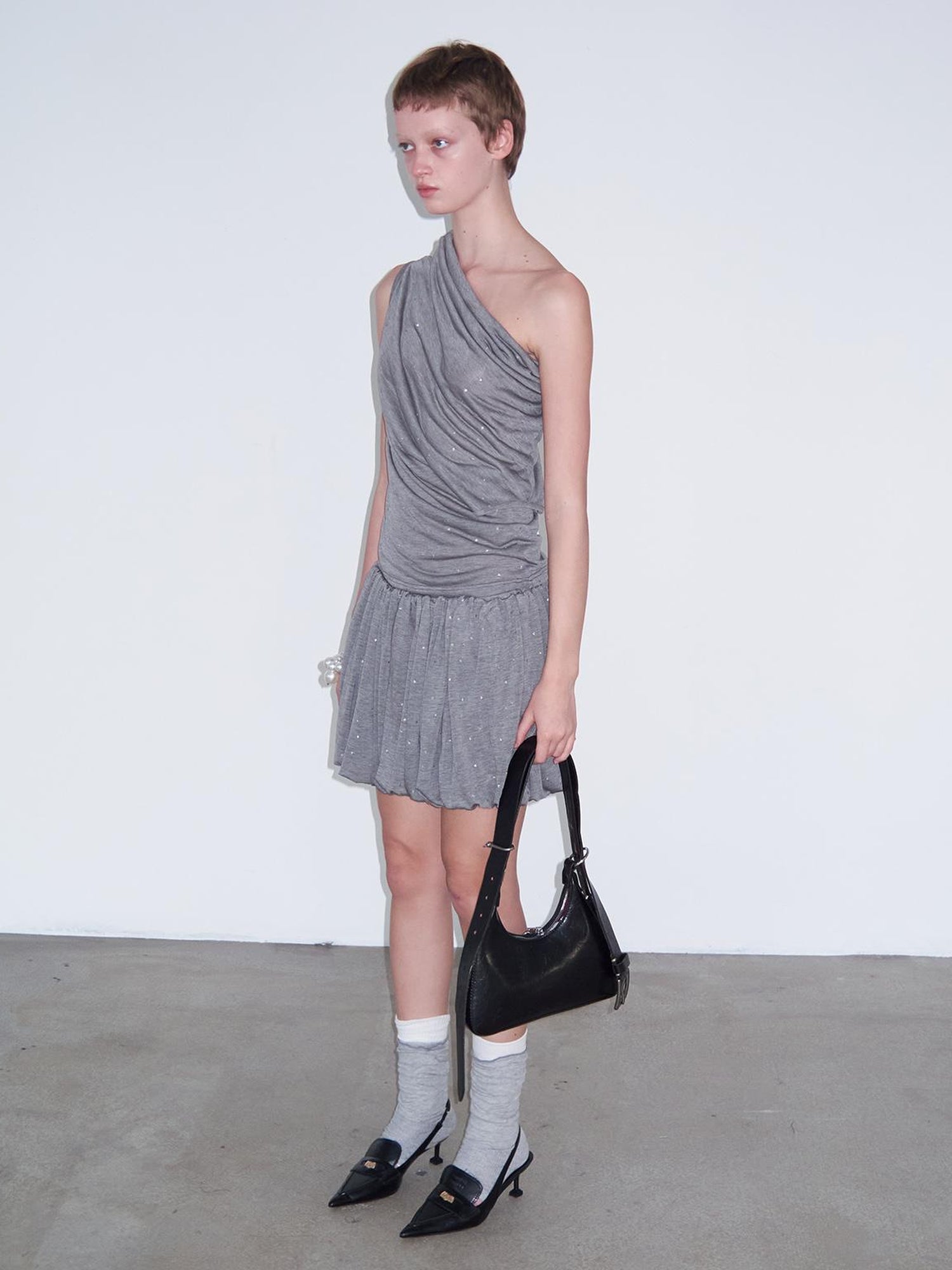 Delivery Delivery Gray Crystal Foil Print Layered Lyocell Top With Floral Mini Skirt And Tie Wrap Midi Dress