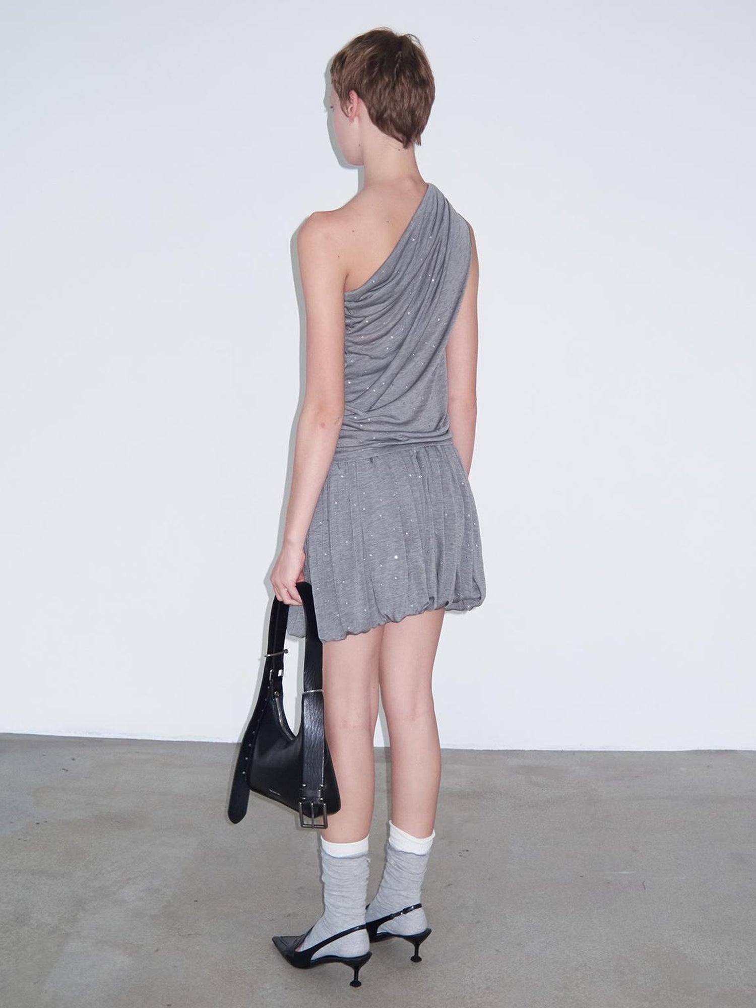 Delivery Delivery Gray Crystal Foil Print Layered Lyocell Top With Floral Mini Skirt And Tie Wrap Midi Dress