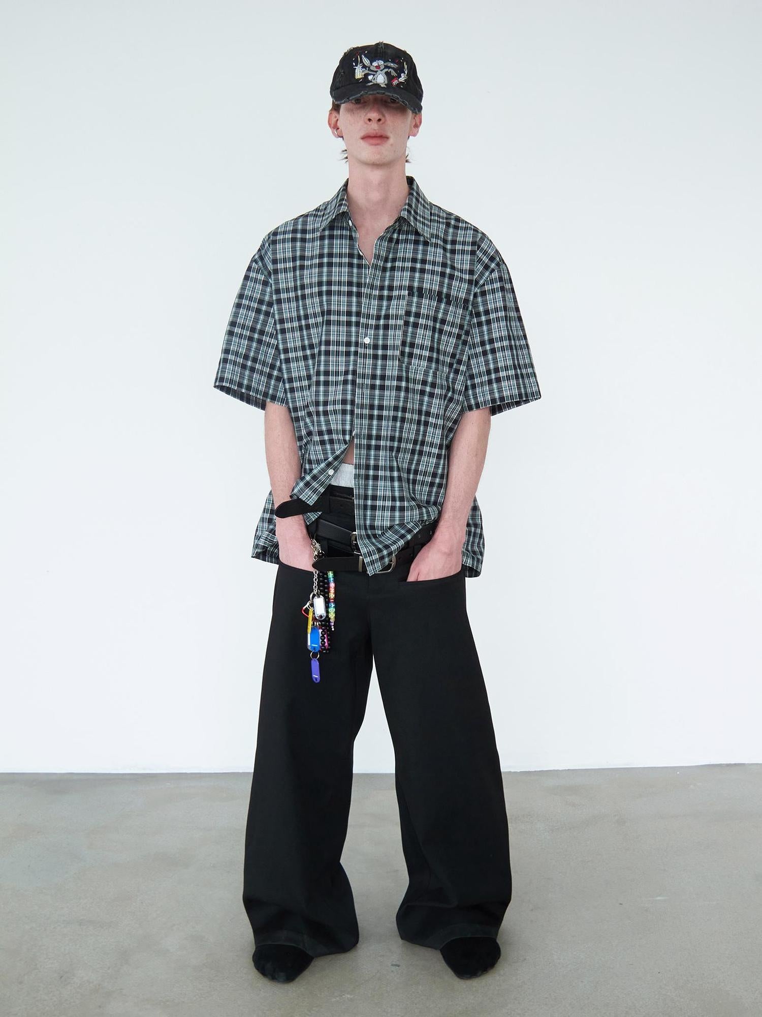 Delivery Delivery Green Black Plaid Loose Fit Short Sleeve Shirt