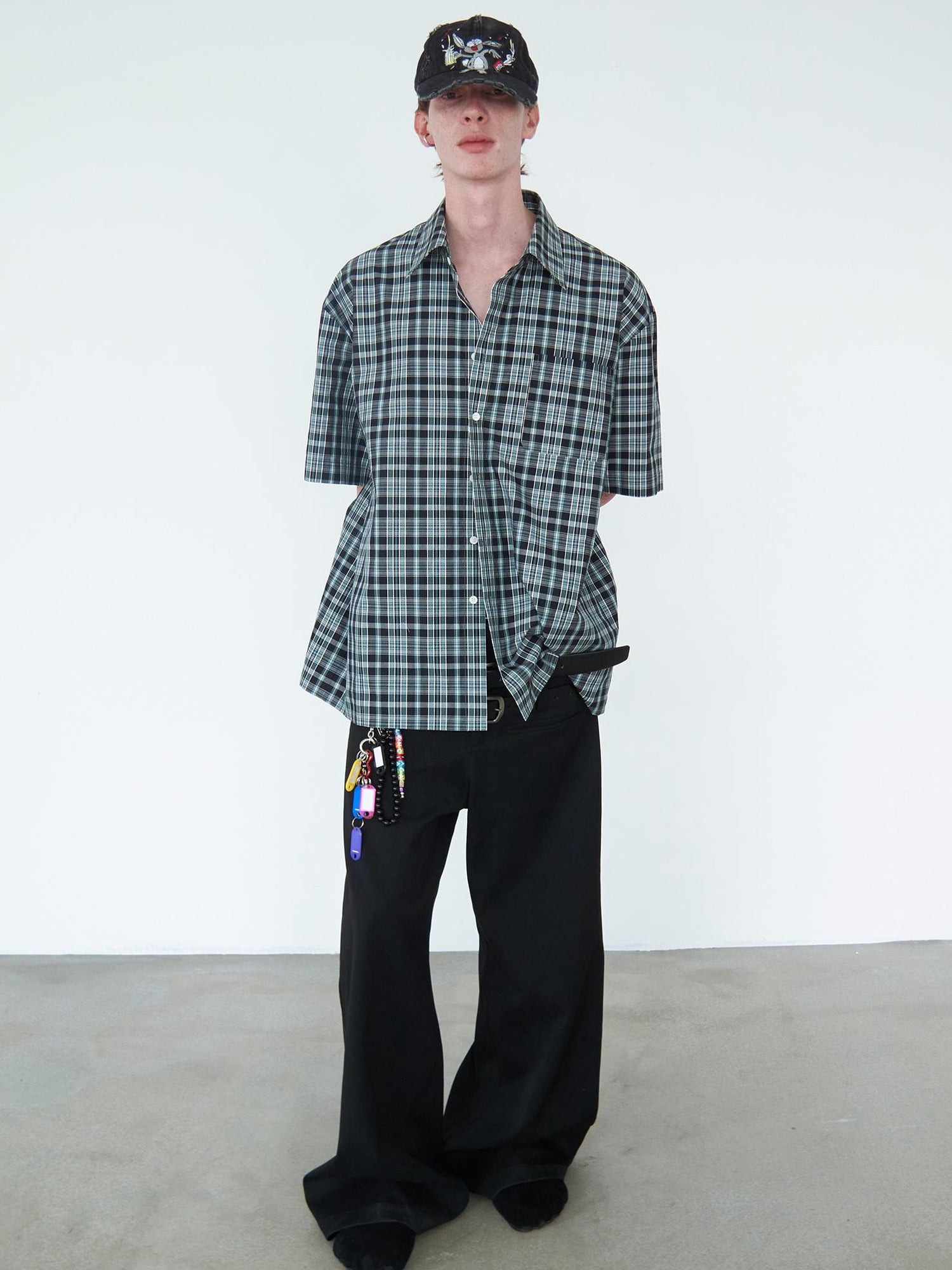 Delivery Delivery Green Black Plaid Loose Fit Short Sleeve Shirt