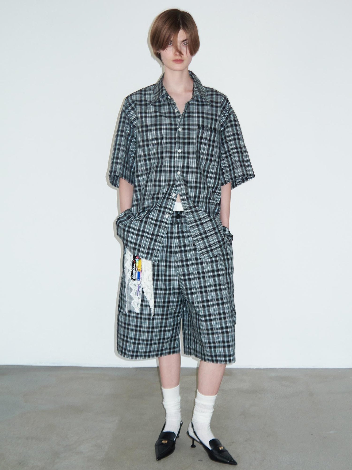 Delivery Delivery Green Black Plaid Loose Fit Short Sleeve Shirt