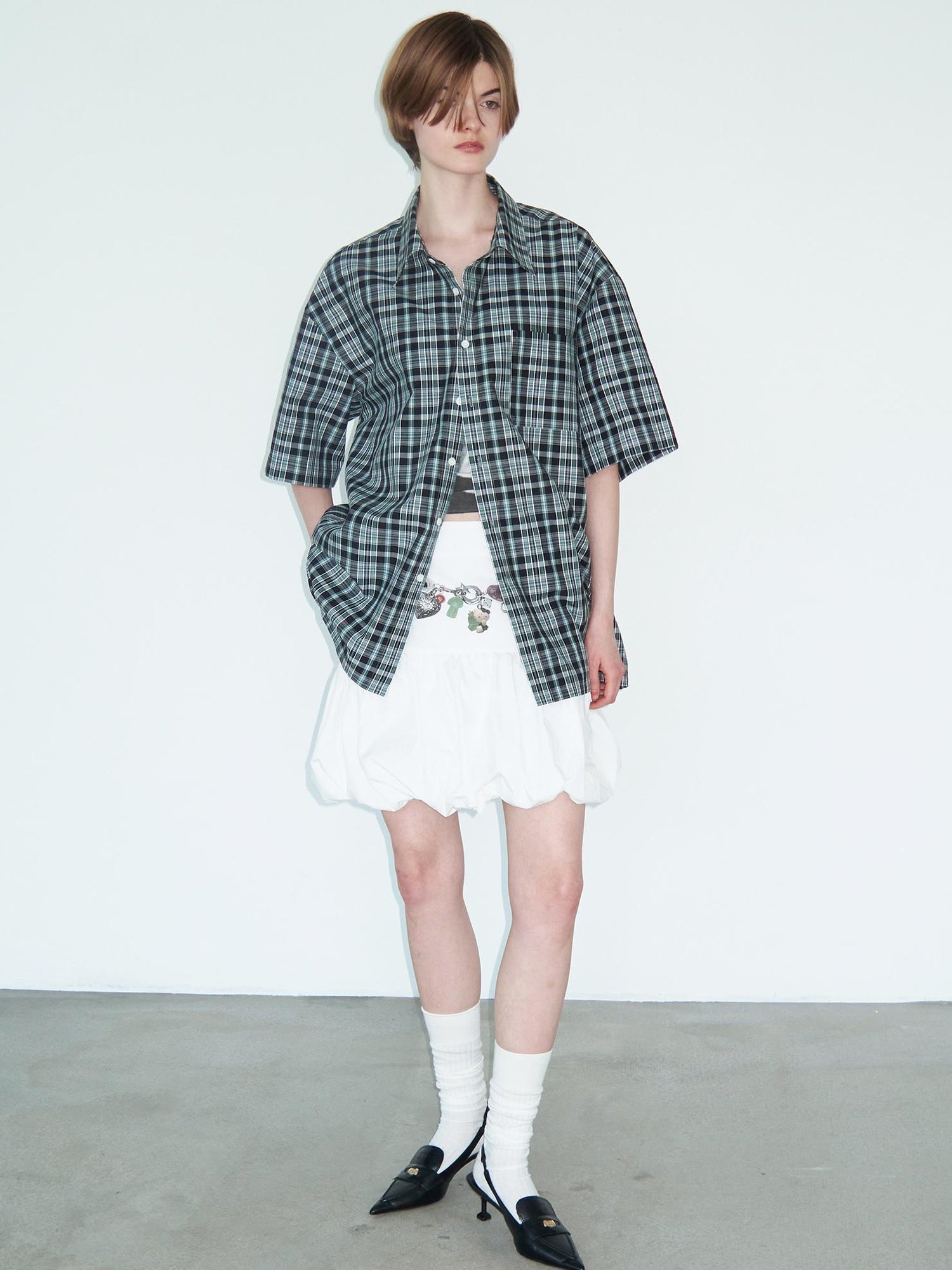 Delivery Delivery Green Black Plaid Loose Fit Short Sleeve Shirt