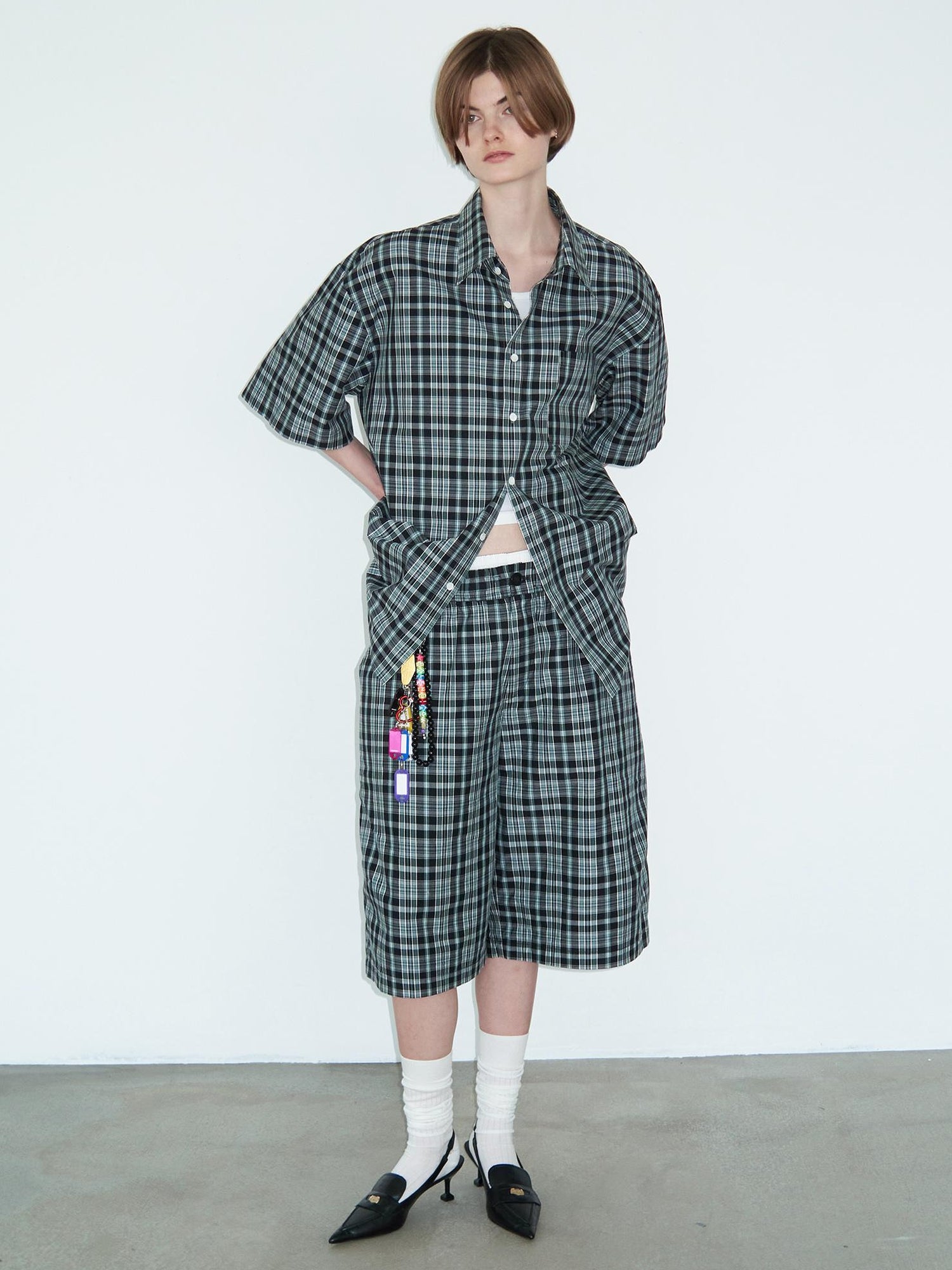 Delivery Delivery Green Black Plaid Loose Fit Short Sleeve Shirt