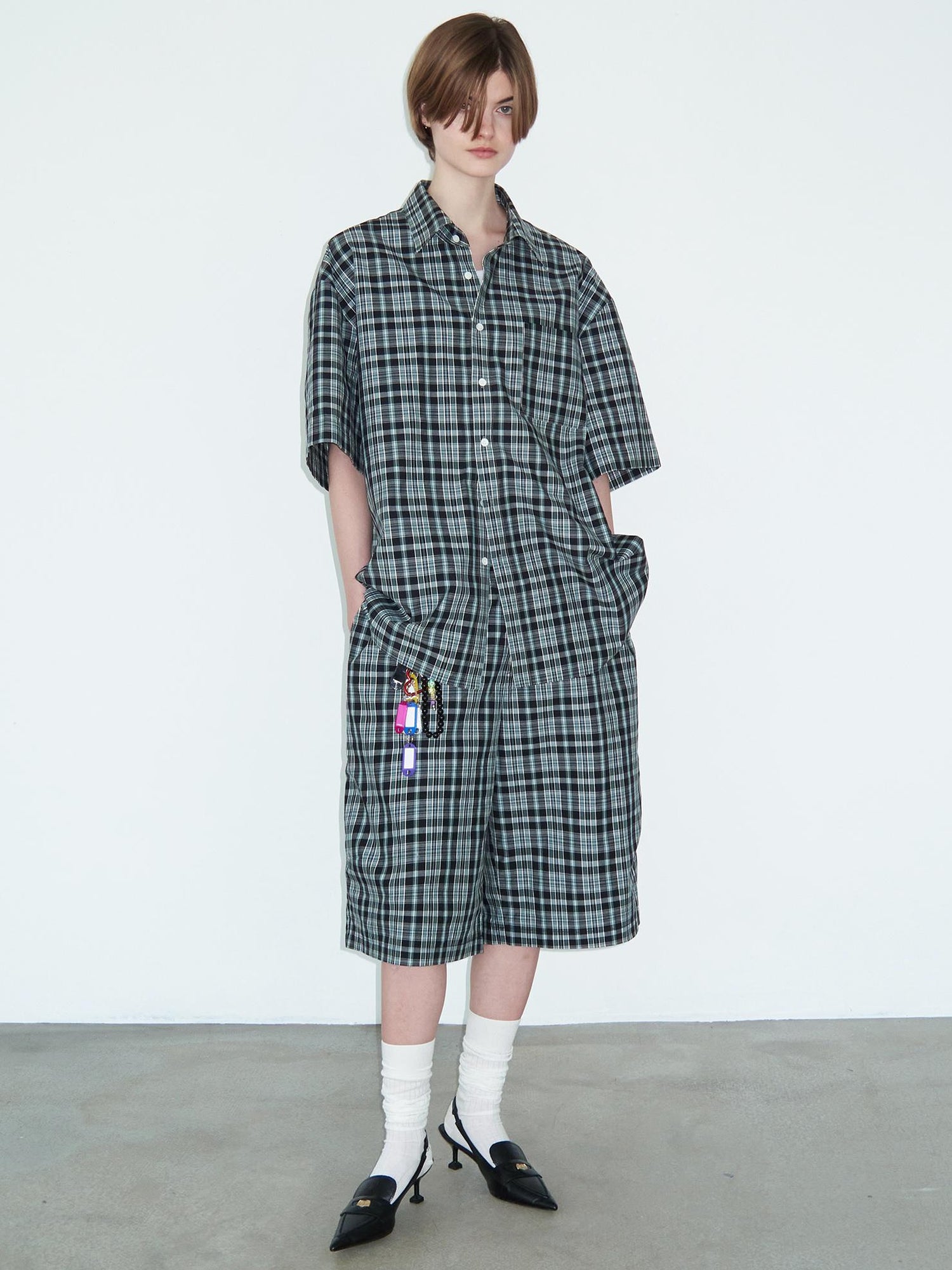 Delivery Delivery Green Black Plaid Loose Fit Short Sleeve Shirt