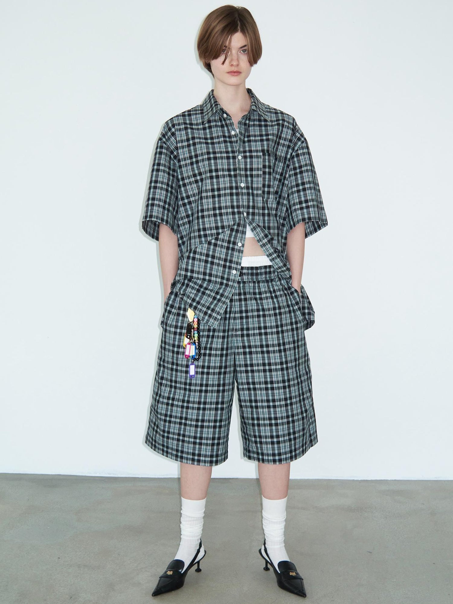 Delivery Delivery Green Black Plaid Loose Fit Short Sleeve Shirt