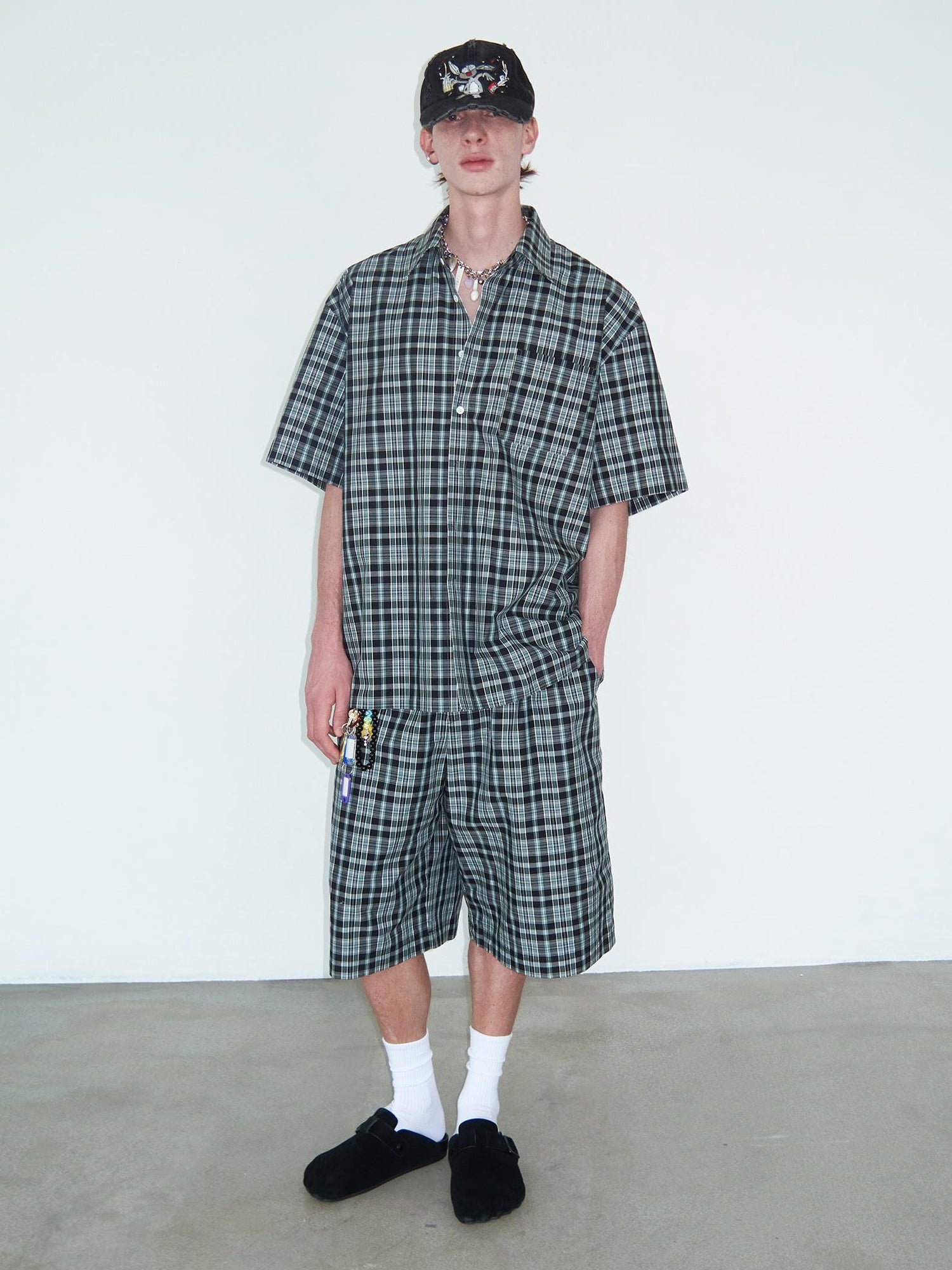 Delivery Delivery Green Black Plaid Loose Fit Short Sleeve Shirt