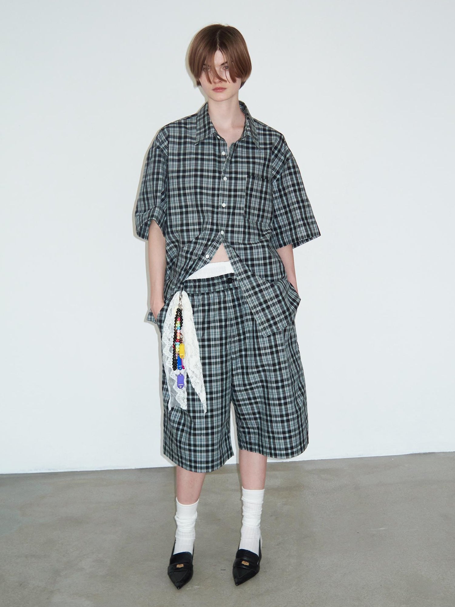 Delivery Delivery Green Black Plaid Loose Fit Short Sleeve Shirt