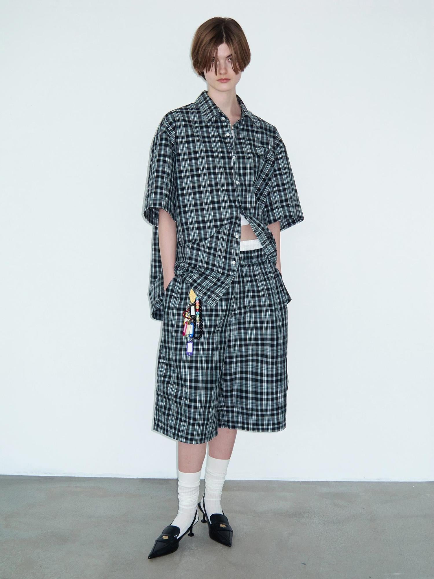 Delivery Delivery Green Black Plaid Loose Fit Short Sleeve Shirt