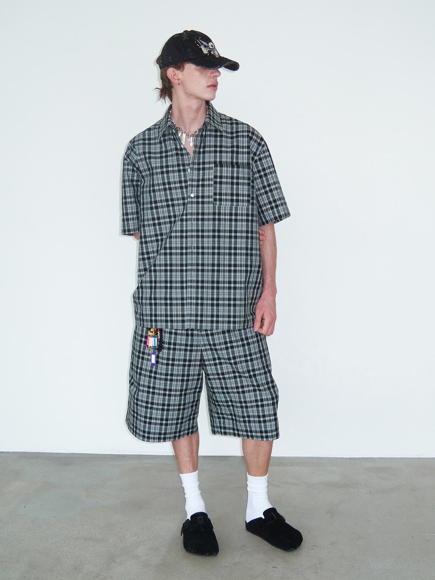 Delivery Delivery Green Black Plaid Loose Fit Short Sleeve Shirt