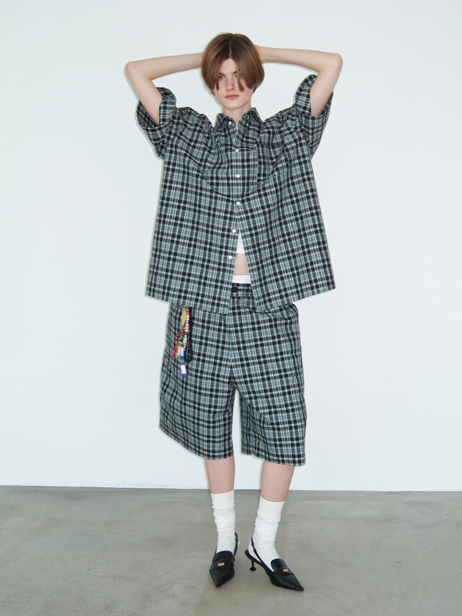 Delivery Delivery Green Black Plaid Loose Fit Short Sleeve Shirt