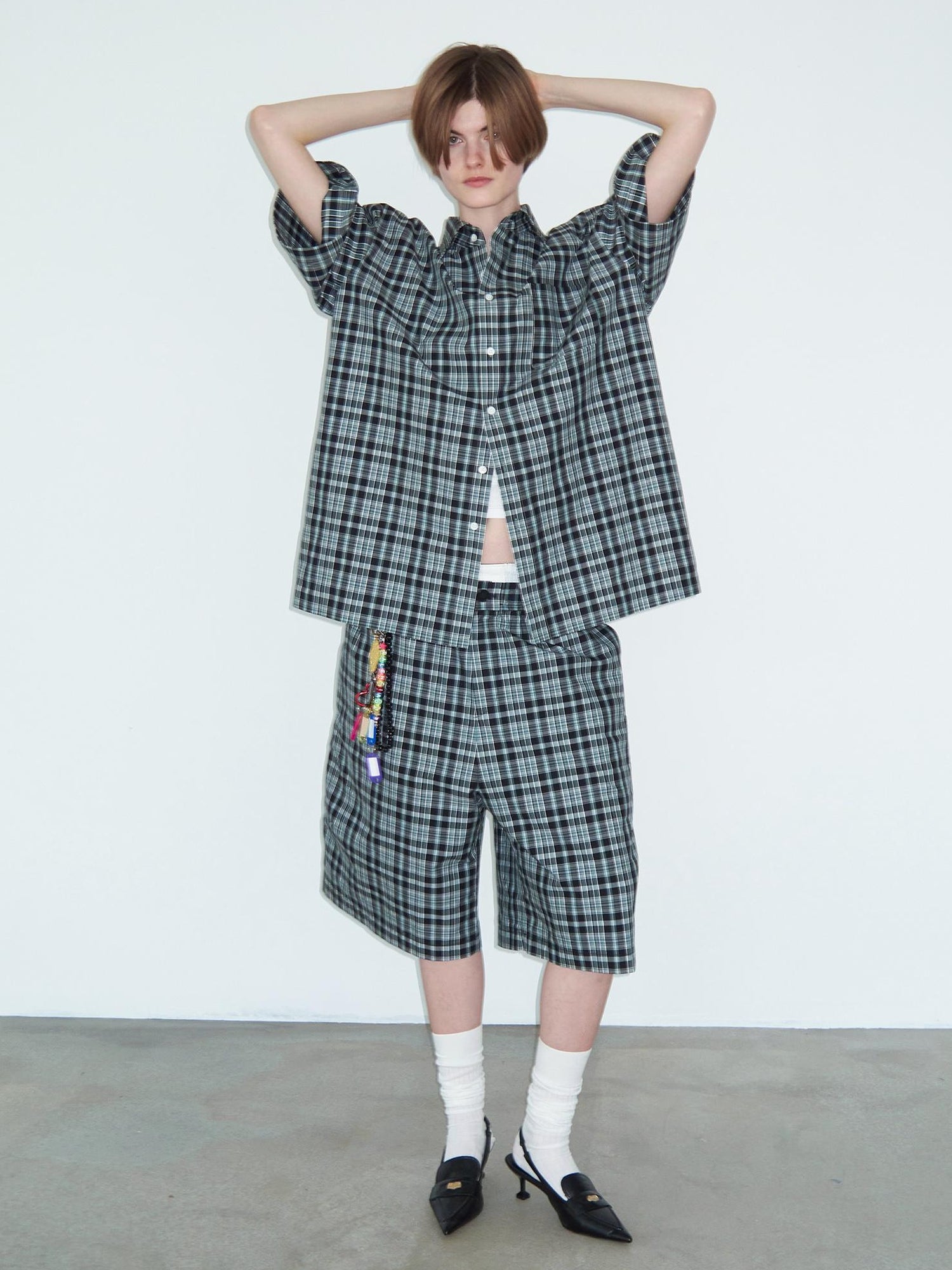 Delivery Delivery Green Black Plaid Loose Fit Short Sleeve Shirt