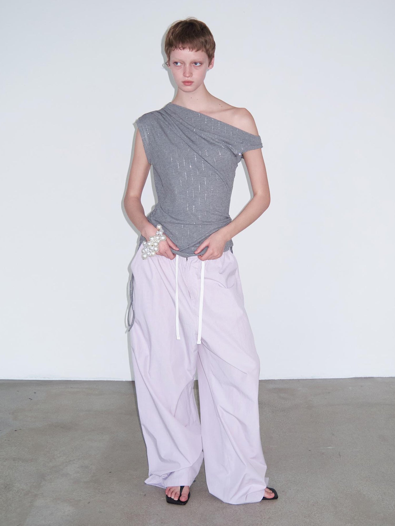 Delivery Delivery Light Pink Purple Striped White Trim Drawstring Wide Leg Pants