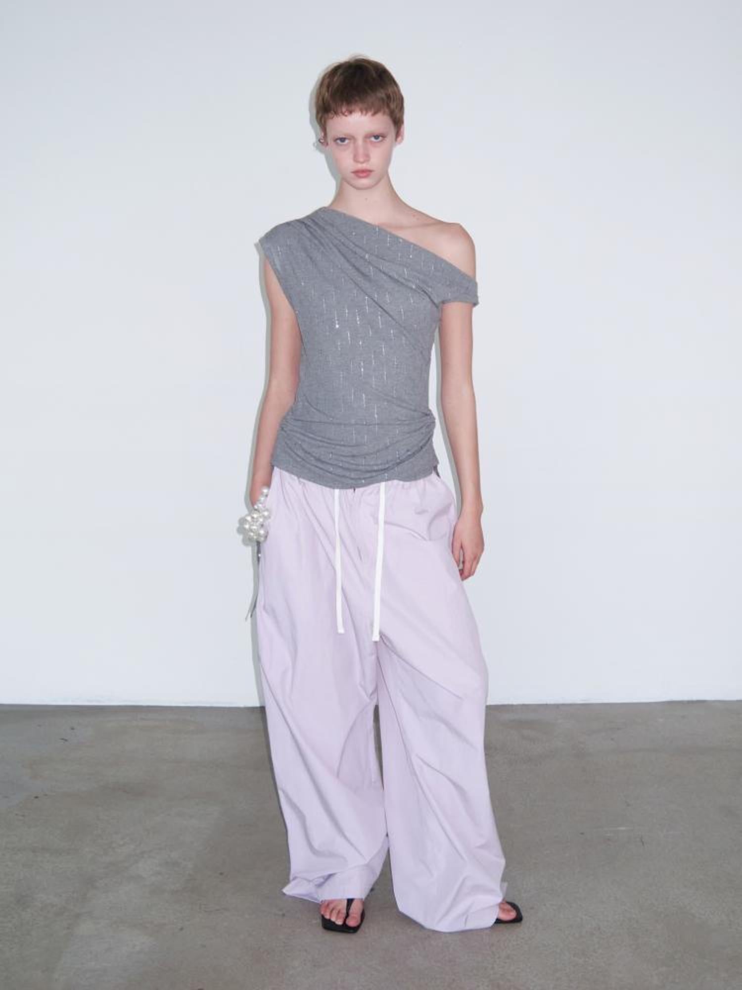 Delivery Delivery Light Pink Purple Striped White Trim Drawstring Wide Leg Pants