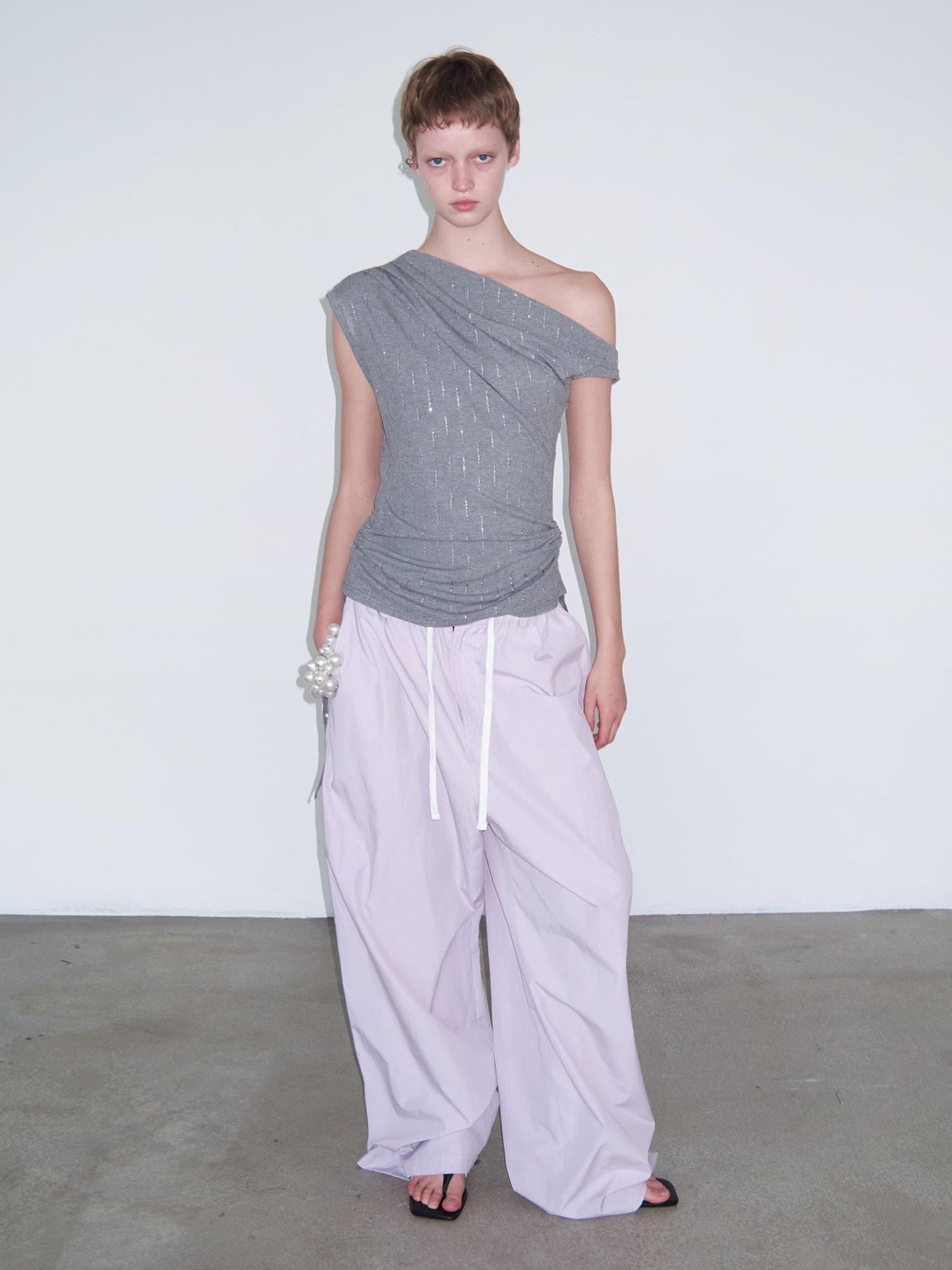 Delivery Delivery Light Pink Purple Striped White Trim Drawstring Wide Leg Pants