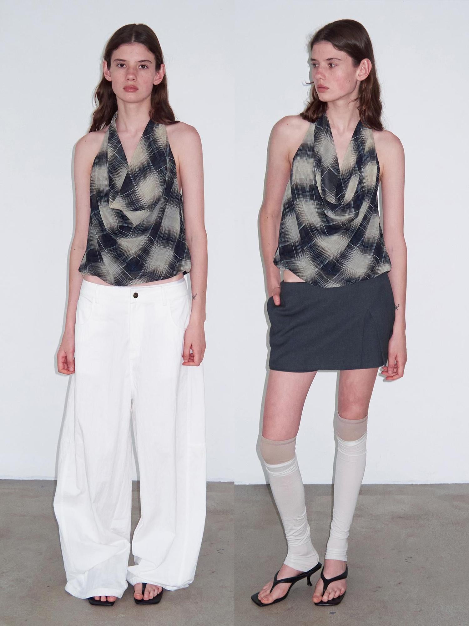 Delivery Delivery Navy Blue Plunge Neck Halter Top with Lattice Back