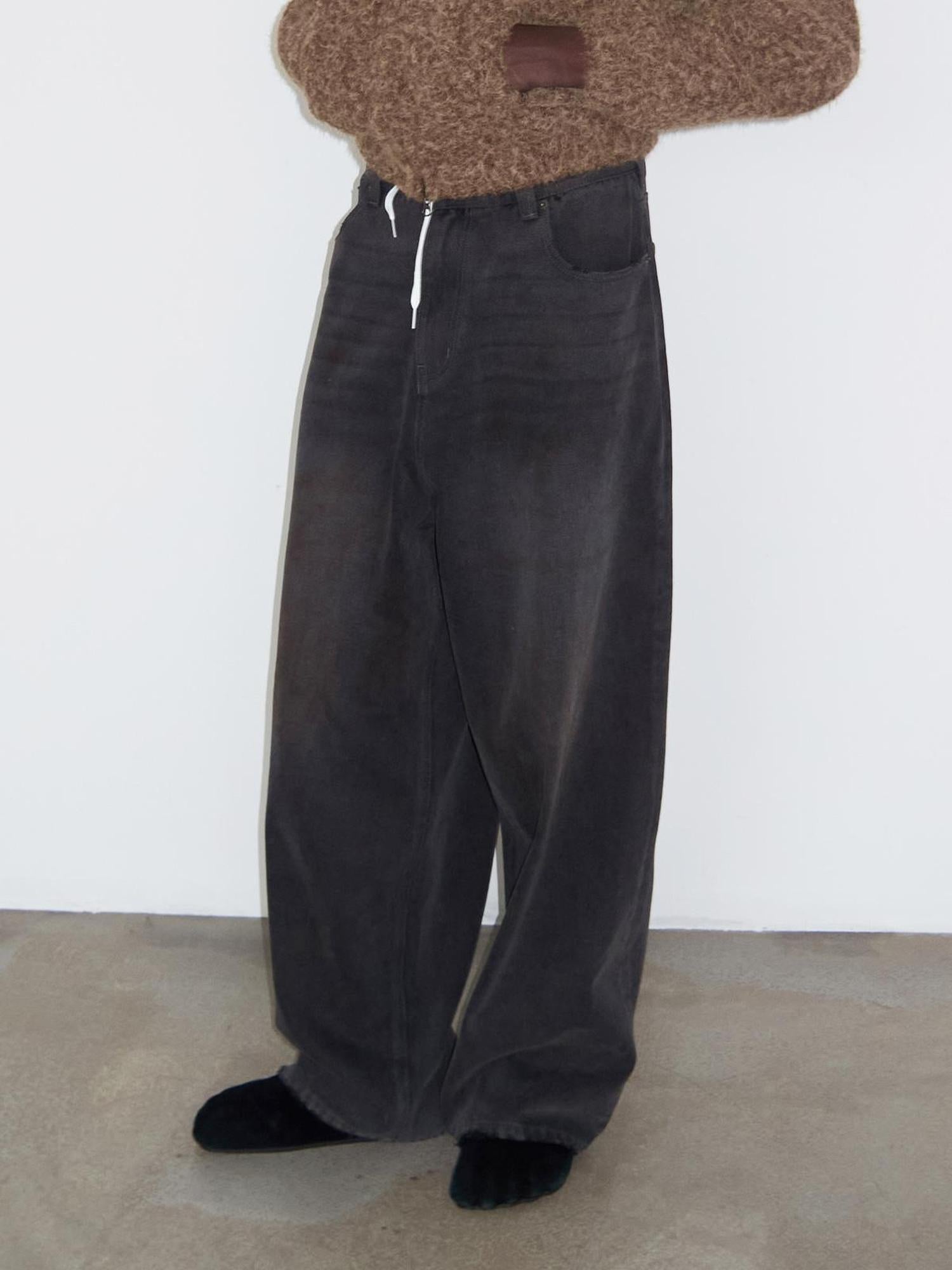 Delivery Delivery Washed Distressed Black Grey Jeans Loose Straight Leg Pants