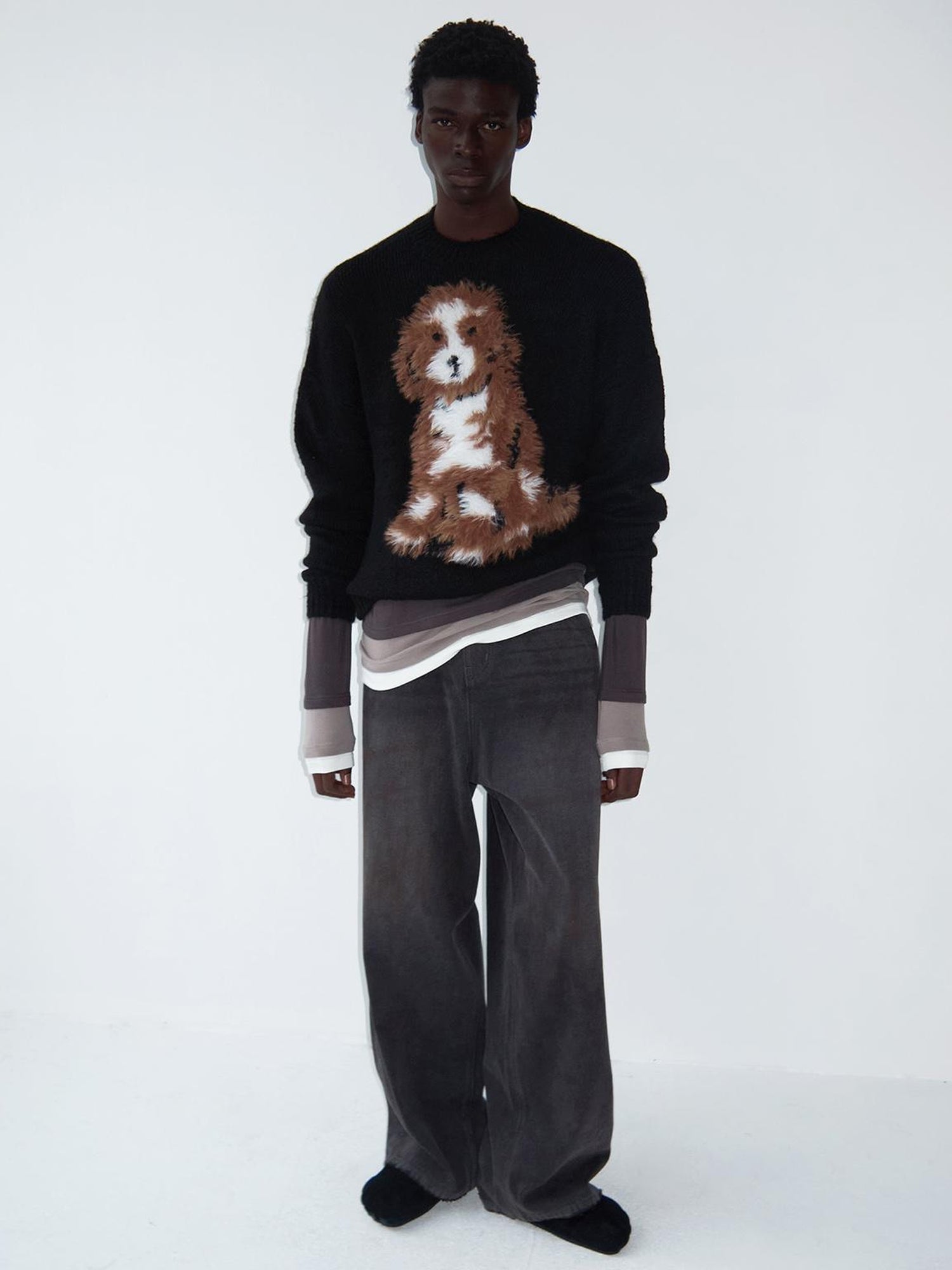 Delivery Delivery Washed Distressed Black Grey Jeans Loose Straight Leg Pants