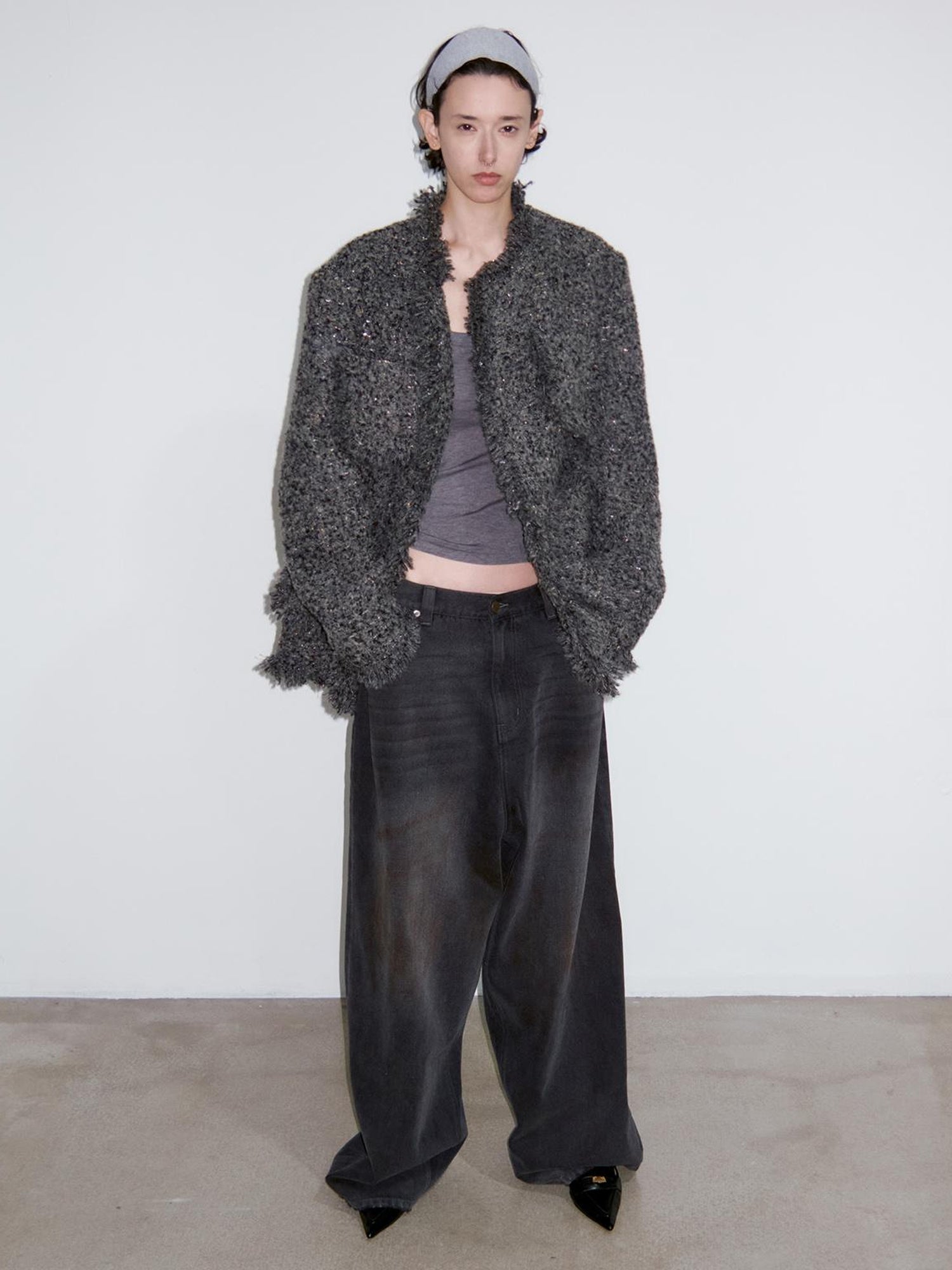 Delivery Delivery Washed Distressed Black Grey Jeans Loose Straight Leg Pants