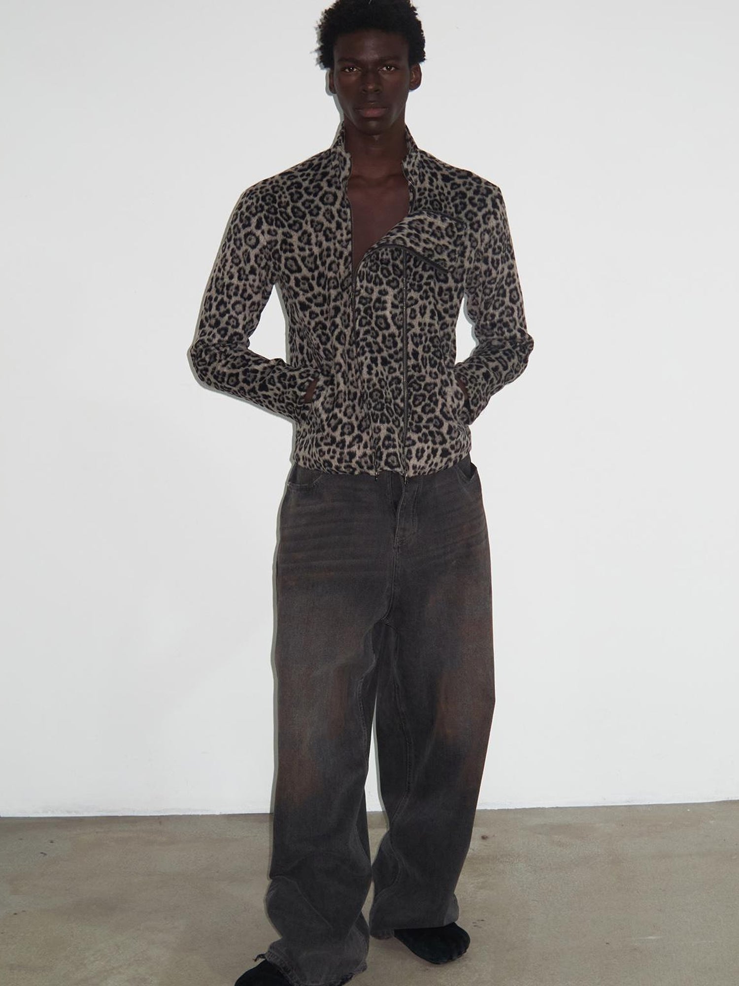 Delivery Delivery Washed Distressed Black Grey Jeans Loose Straight Leg Pants