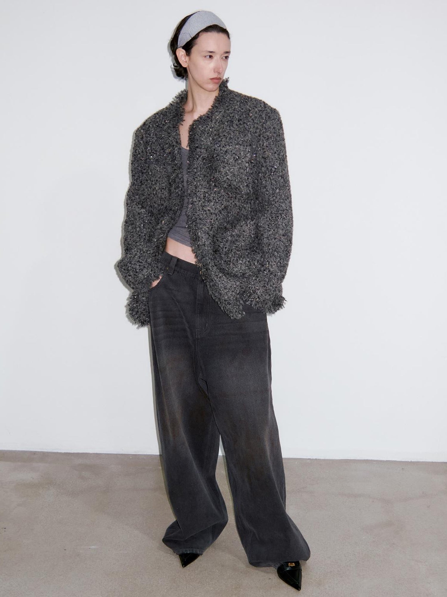 Delivery Delivery Washed Distressed Black Grey Jeans Loose Straight Leg Pants