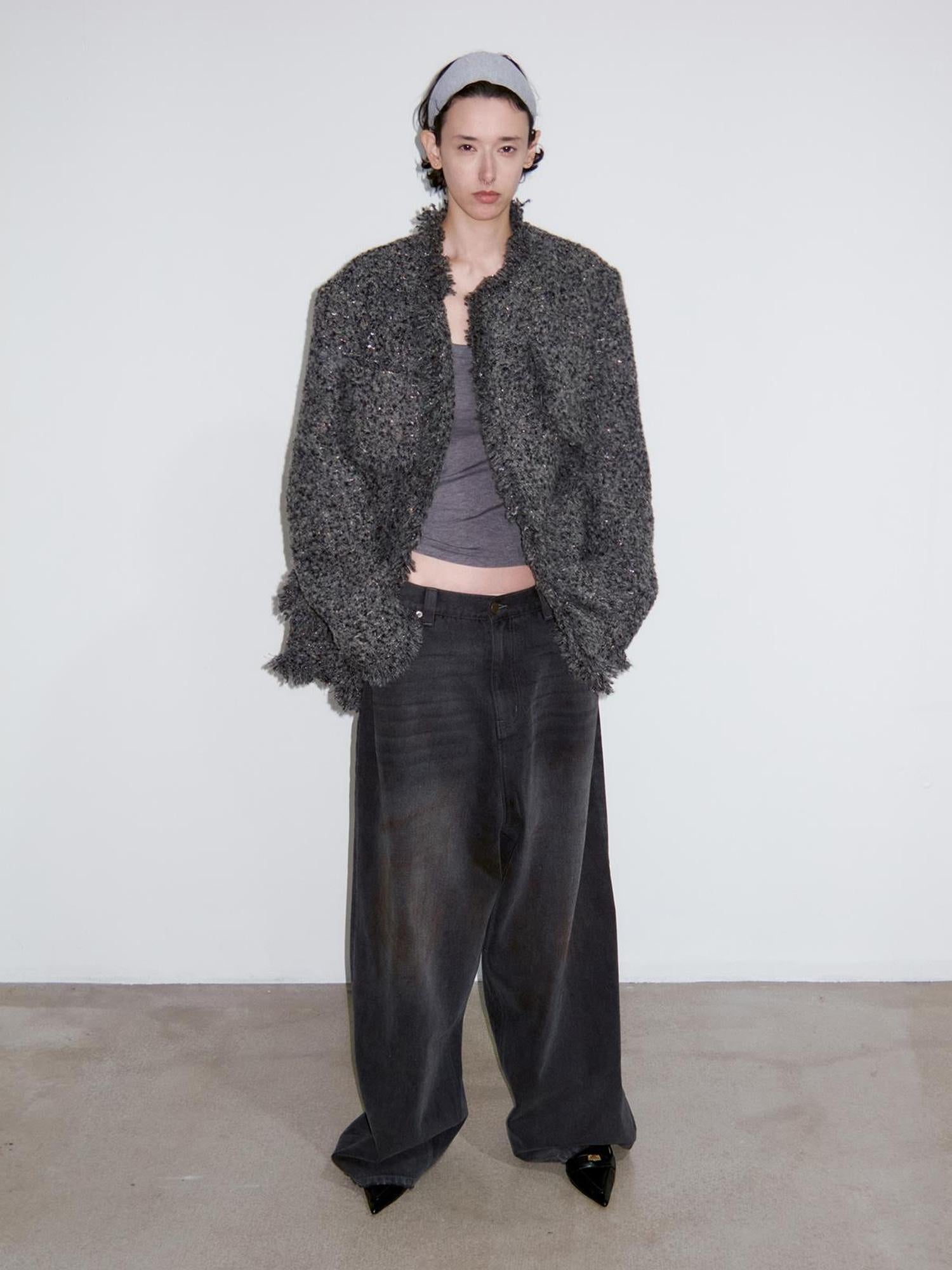 Delivery Delivery Washed Distressed Black Grey Jeans Loose Straight Leg Pants