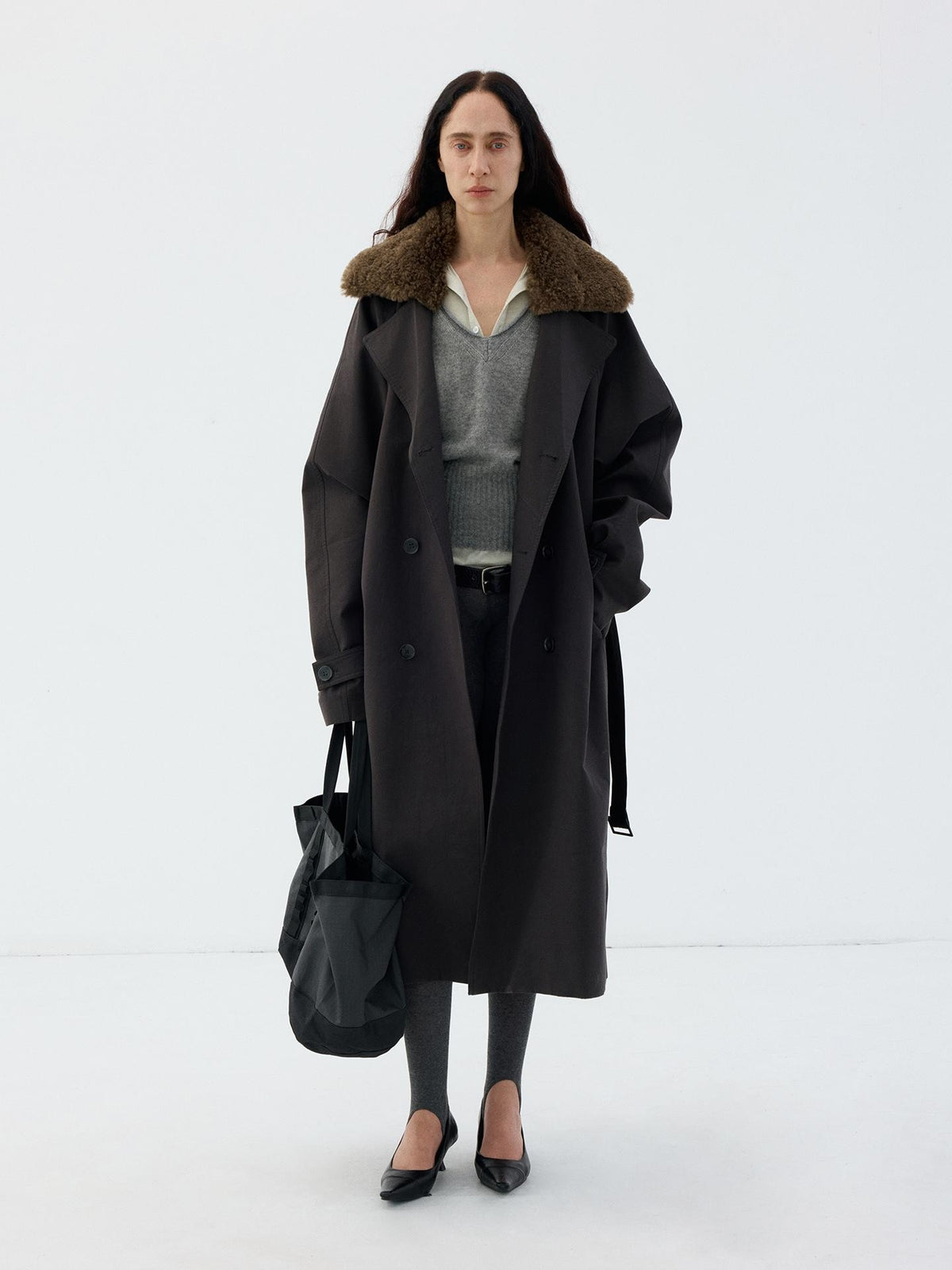 Delivery Detachable Faux Fur Collar Warm Grey Loose Double Breasted Women&