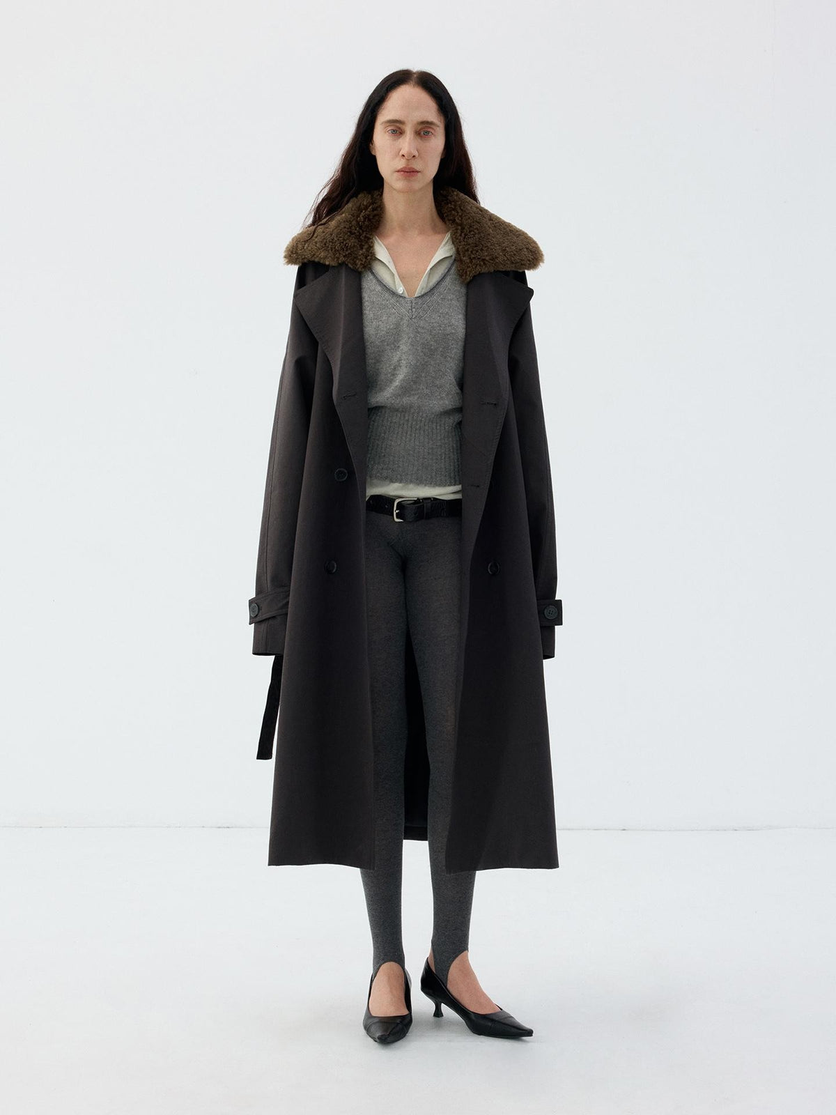Delivery Detachable Faux Fur Collar Warm Grey Loose Double Breasted Women&