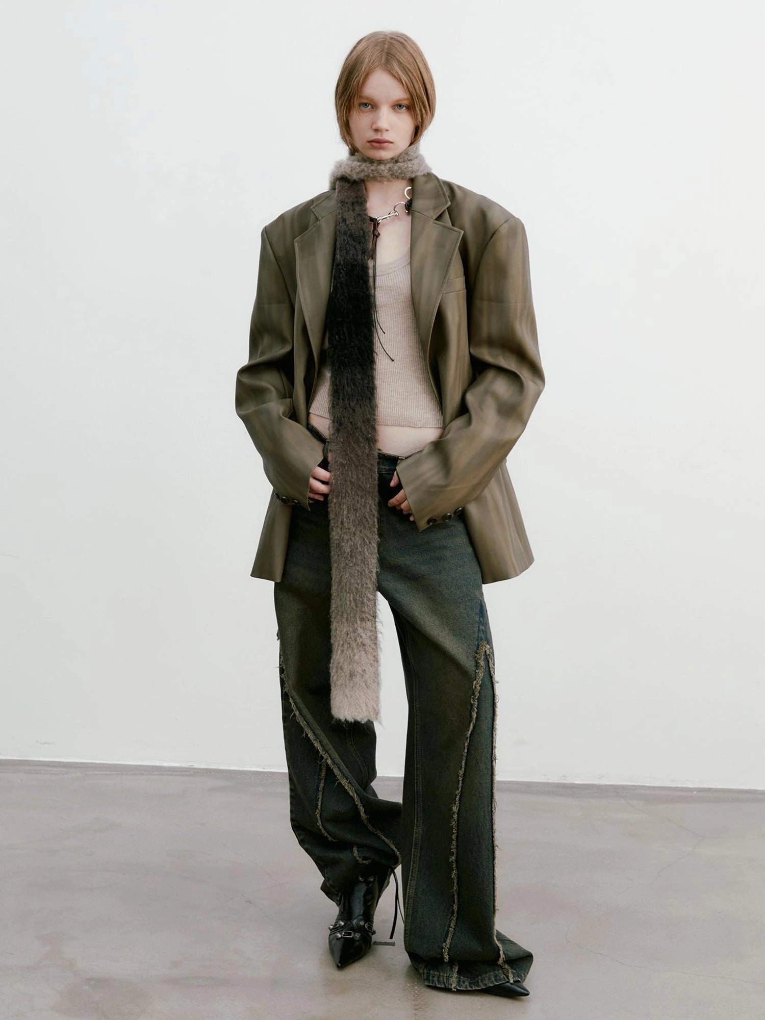 Distressed Brown Green Ombre Leather Blazer And PU Skirt Set